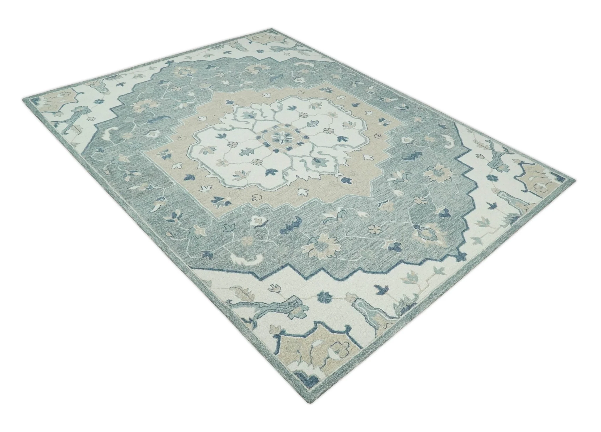 Ivory, Camel and Blue Hand Tufted Traditional Design Wool Area Rug - Image 9