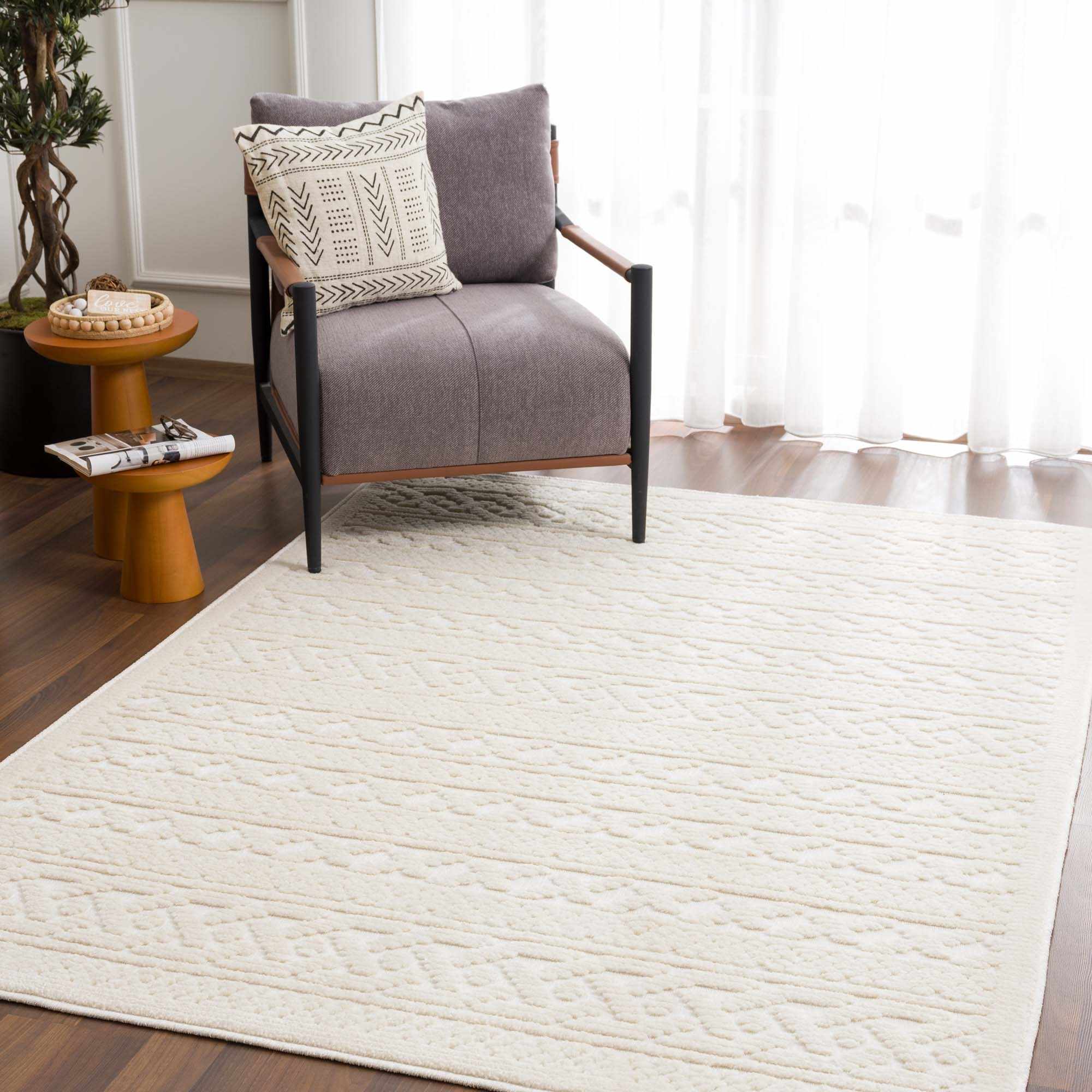Premium look Ivory Carved Texture Tassel Design Washable area Rug - Image 2