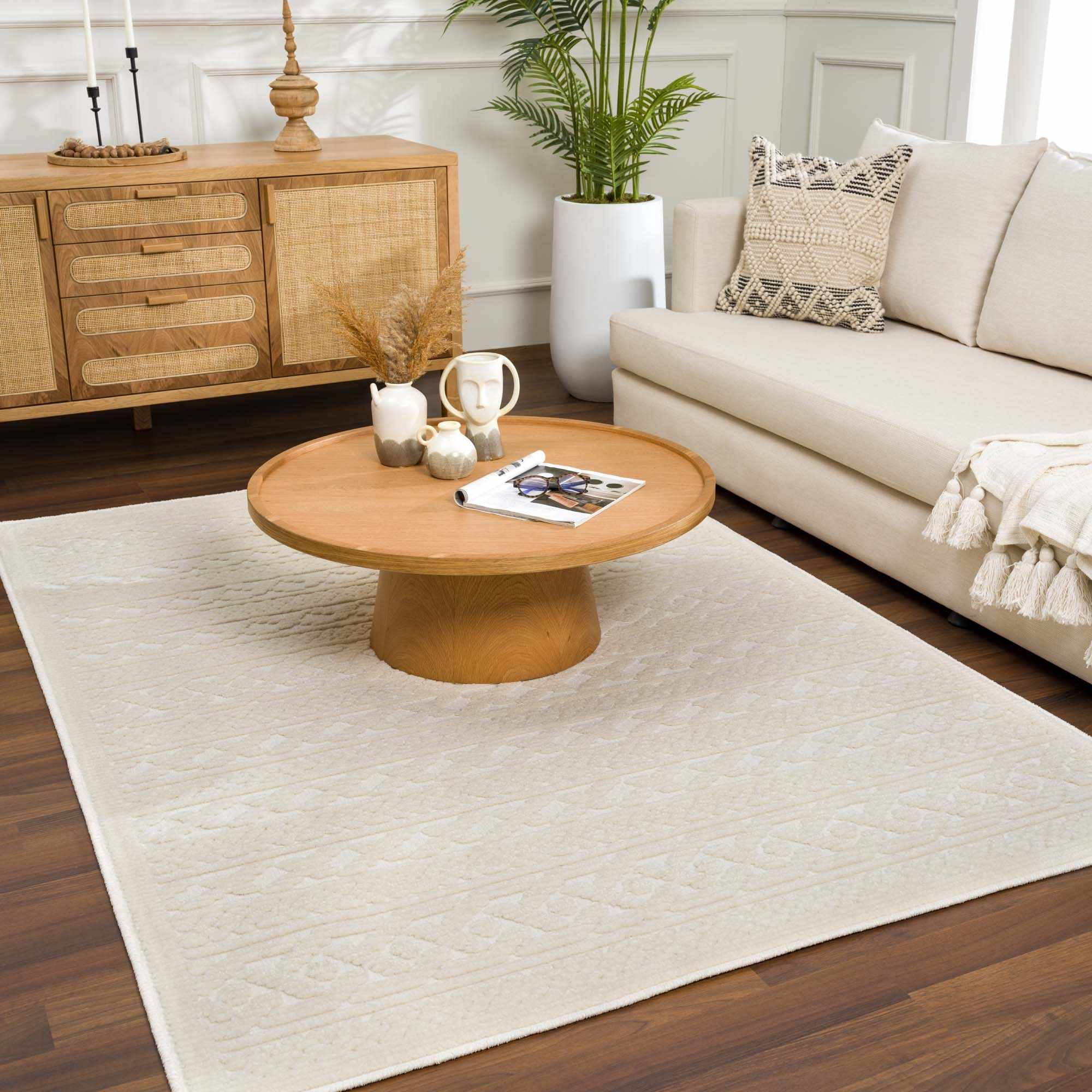 Premium look Ivory Carved Texture Tassel Design Washable area Rug - Image 3