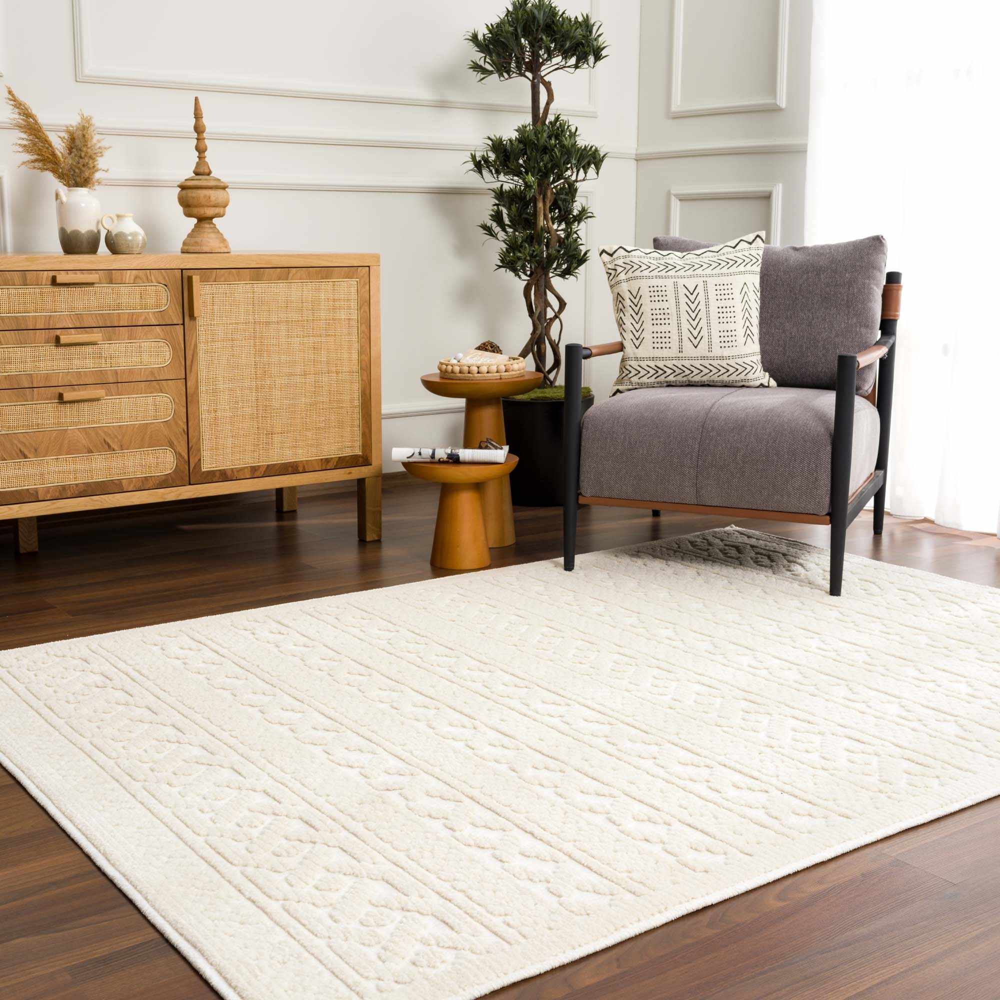 Premium look Ivory Carved Texture Tassel Design Washable area Rug - Image 5