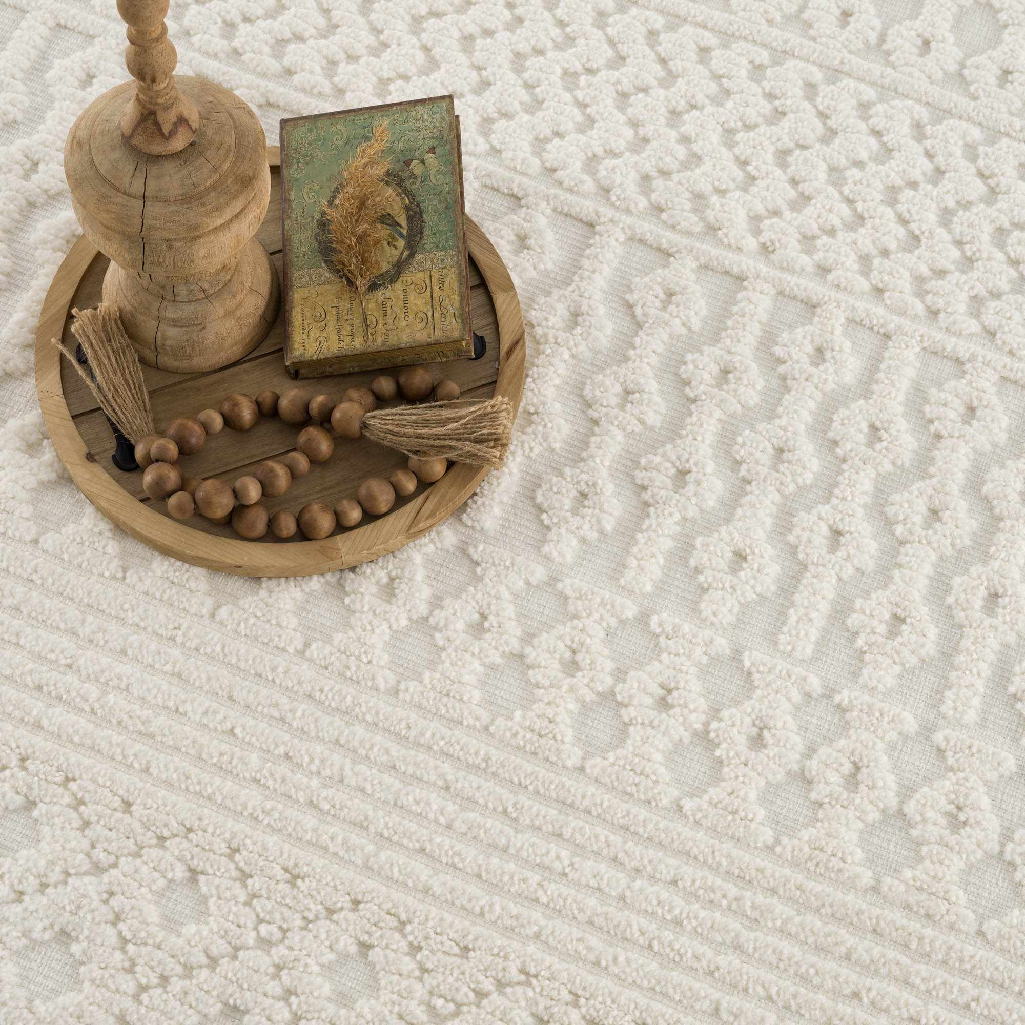 Ivory Texture Tribal Trellis Washable High Low Pile Area Rug - Image 16