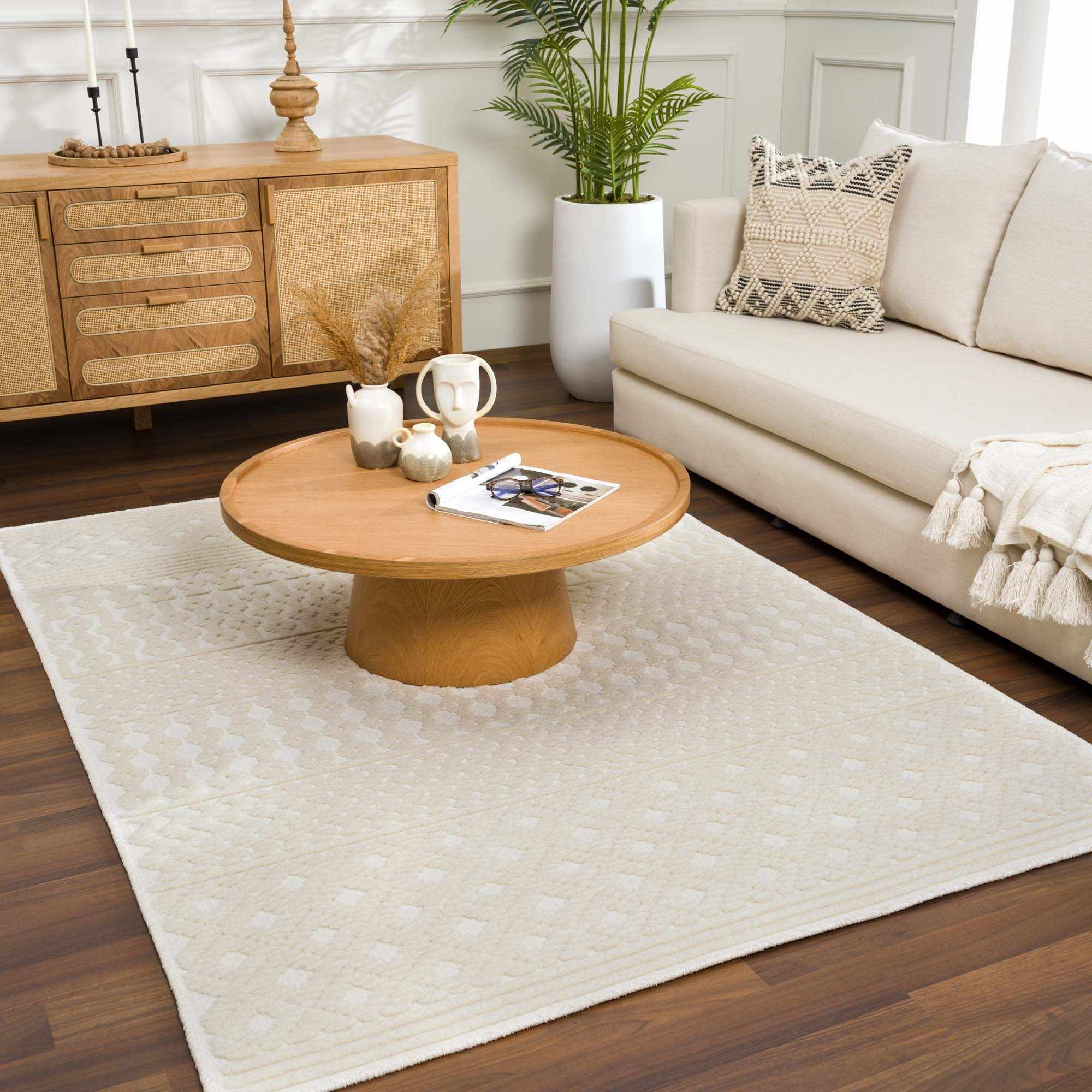 Ivory Texture Tribal Trellis Washable High Low Pile Area Rug - Image 20