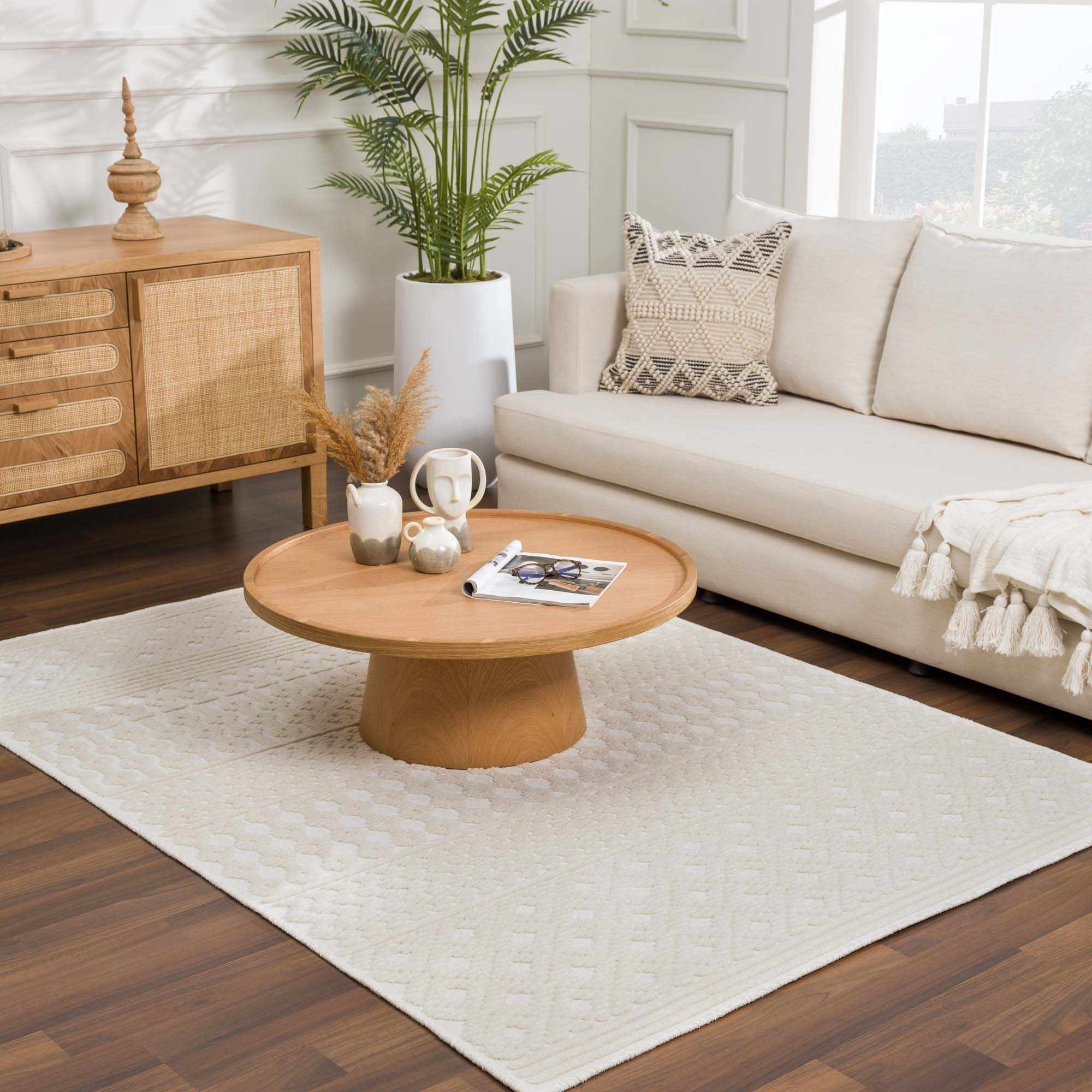Ivory Texture Tribal Trellis Washable High Low Pile Area Rug - Image 21