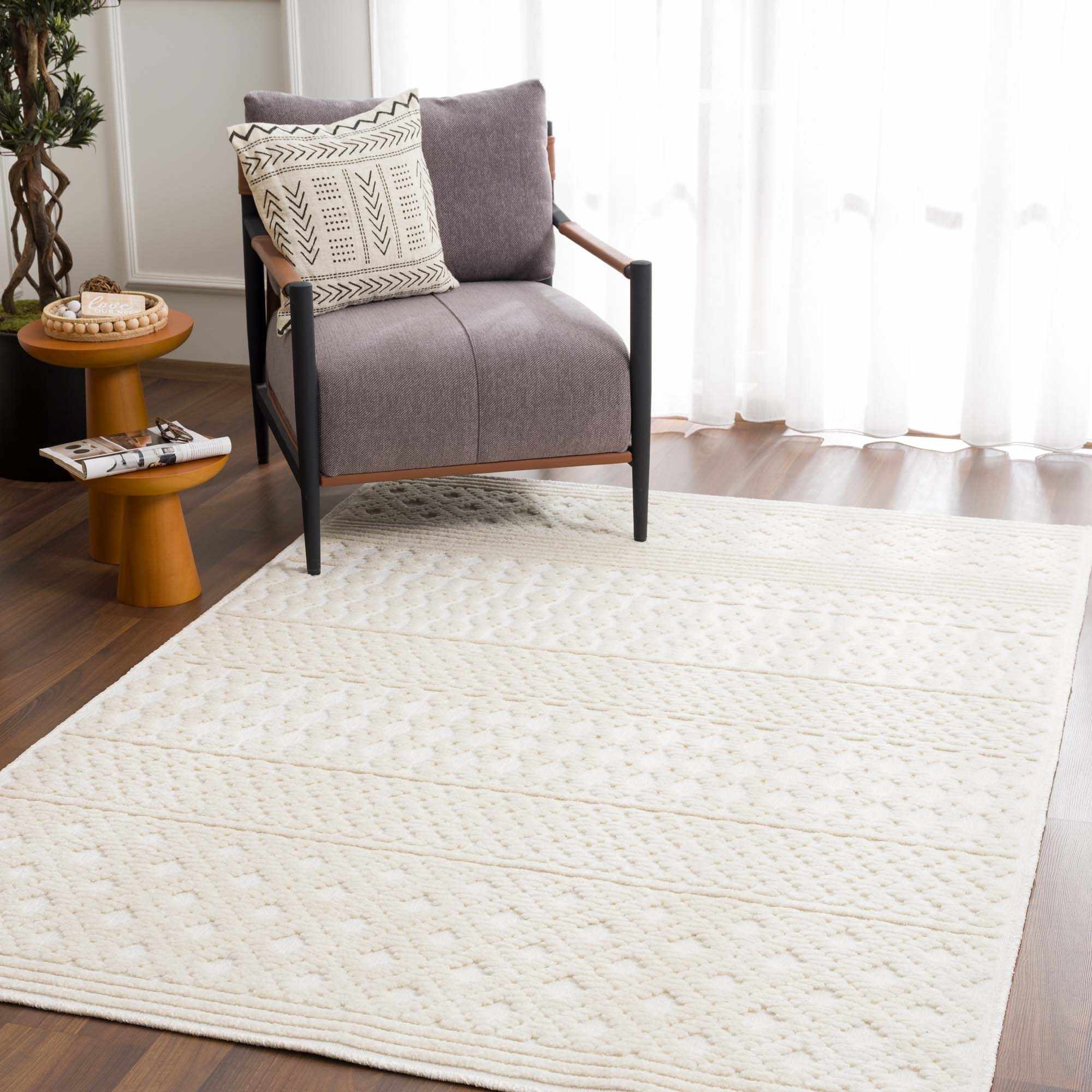 Ivory Texture Tribal Trellis Washable High Low Pile Area Rug - Image 5