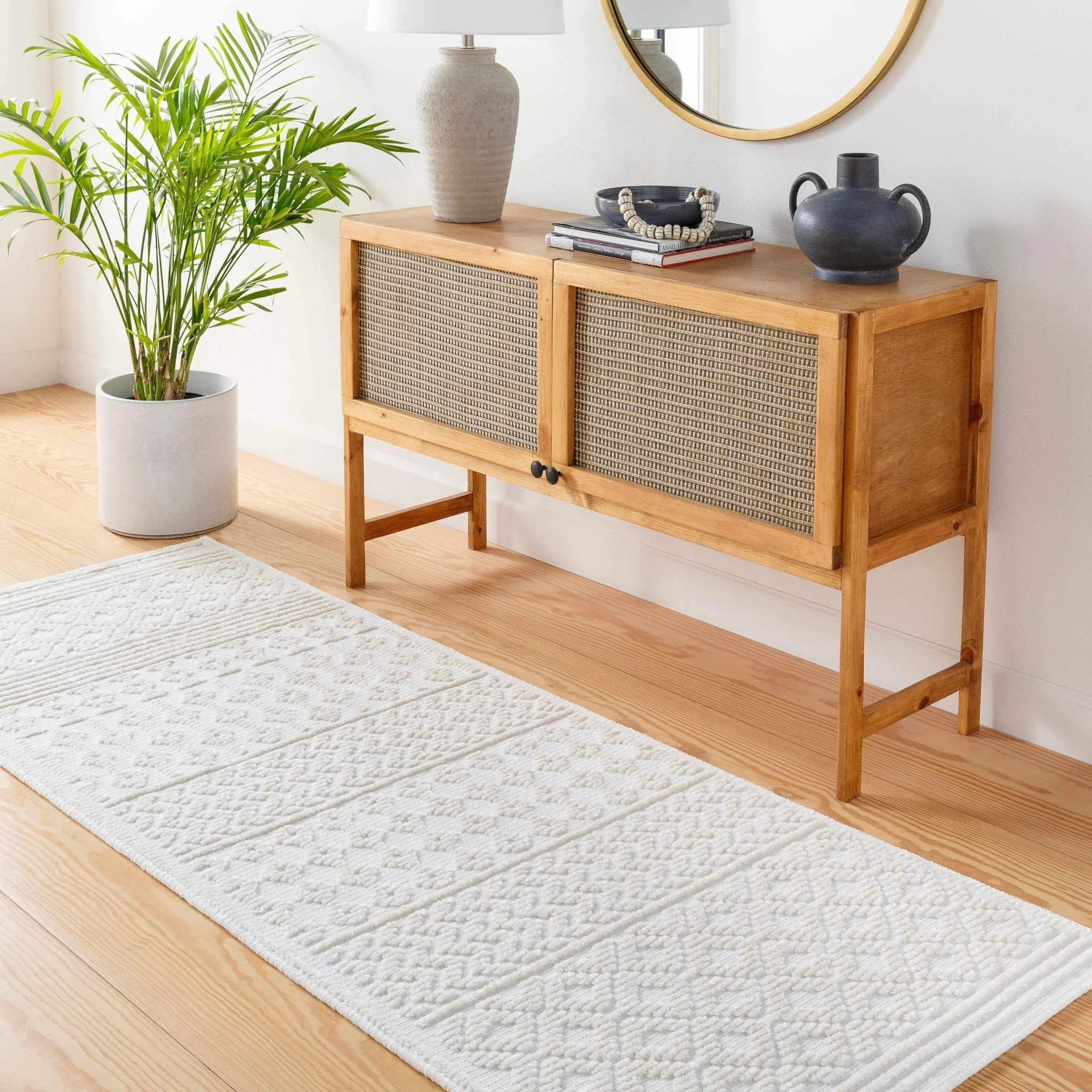 Ivory Texture Tribal Trellis Washable High Low Pile Area Rug - Image 6
