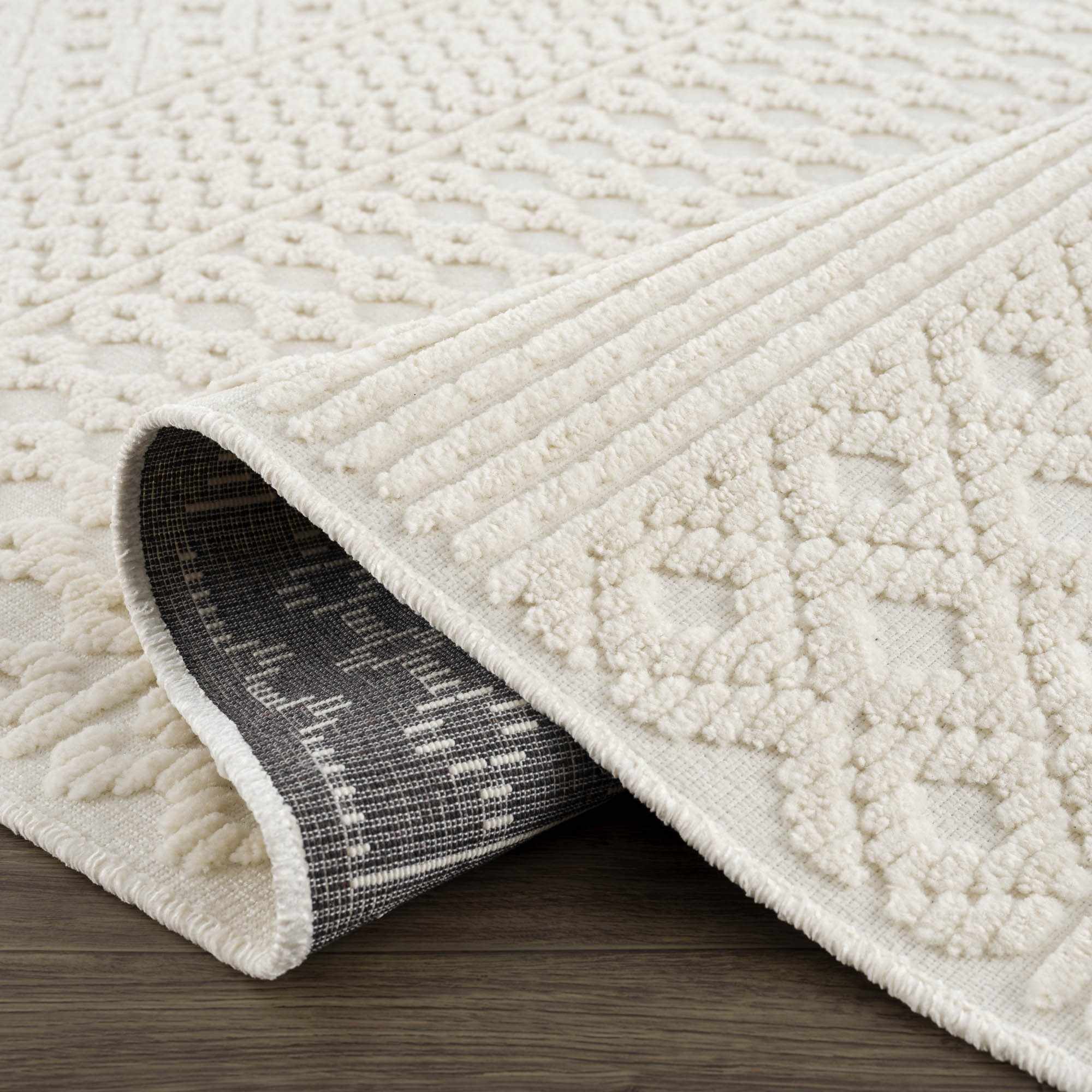 Ivory Texture Tribal Trellis Washable High Low Pile Area Rug - Image 9