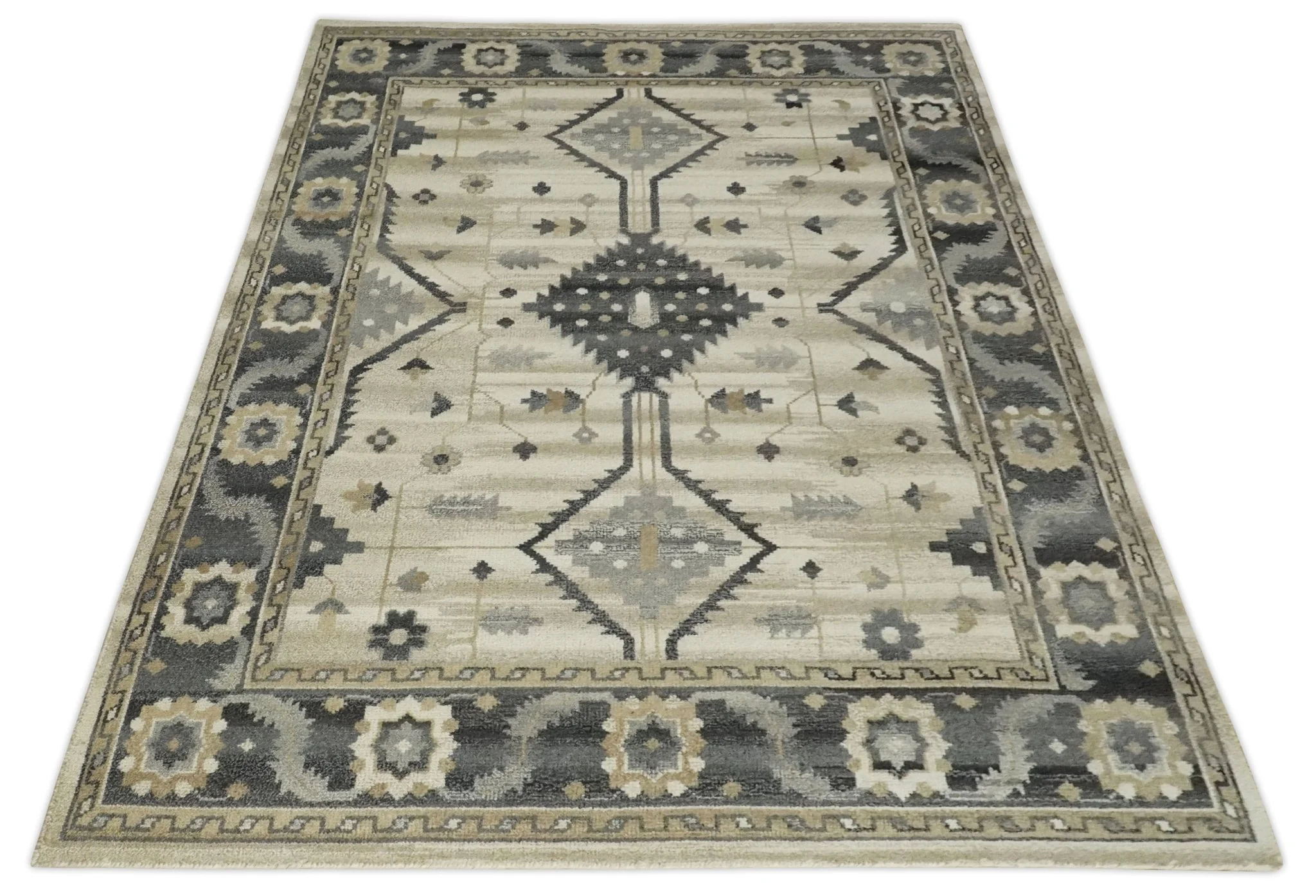 Custom Made Hand Knotted Ivory, Charcoal and Beige Traditional Wool Area Rug - Image 10