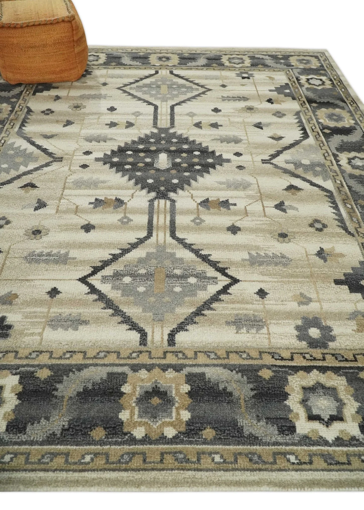 Custom Made Hand Knotted Ivory, Charcoal and Beige Traditional Wool Area Rug - Image 3