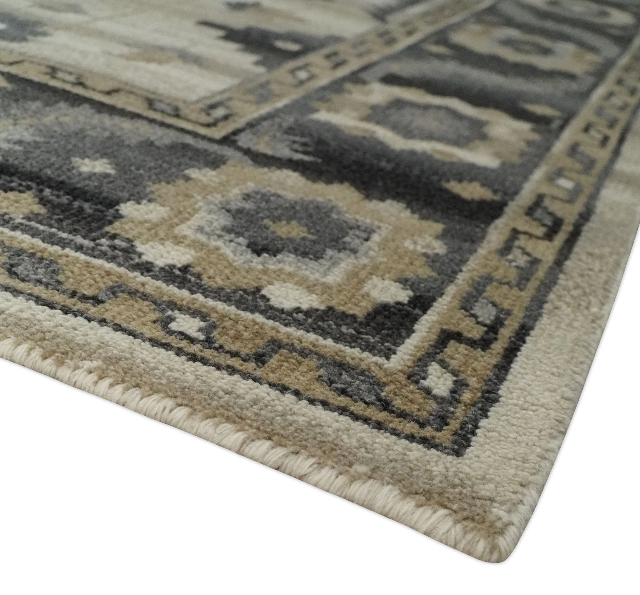 Custom Made Hand Knotted Ivory, Charcoal and Beige Traditional Wool Area Rug - Image 5