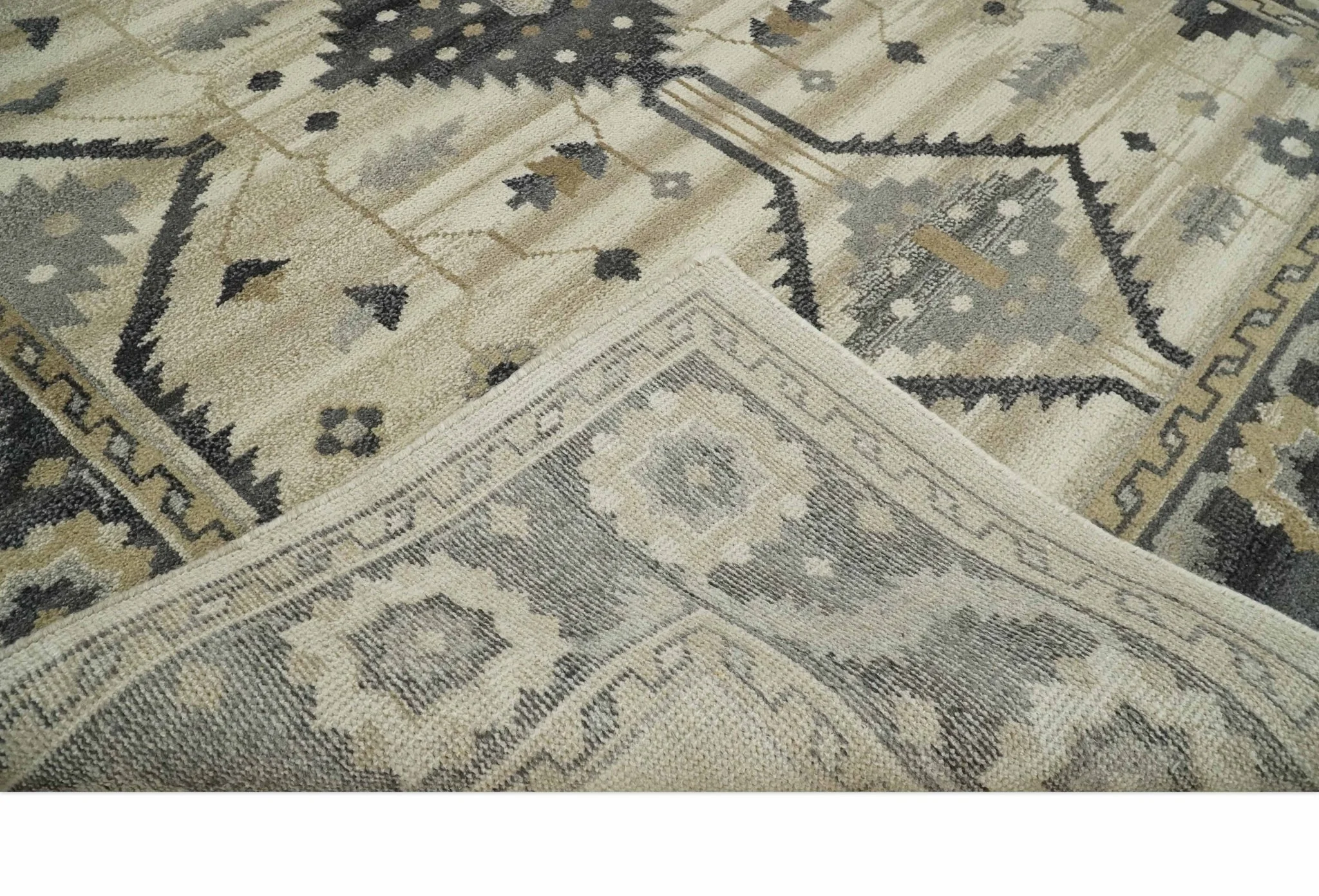 Custom Made Hand Knotted Ivory, Charcoal and Beige Traditional Wool Area Rug - Image 7