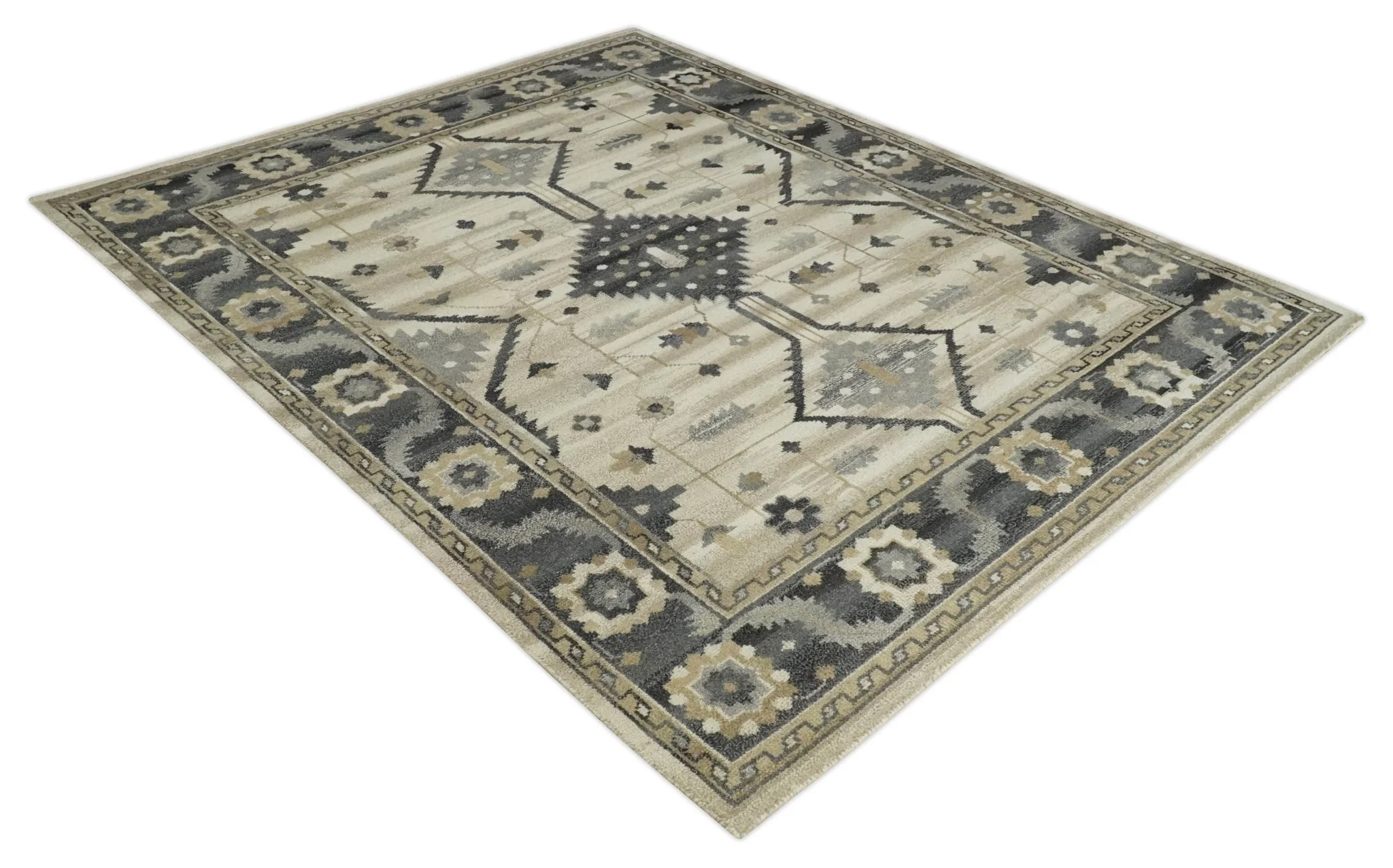 Custom Made Hand Knotted Ivory, Charcoal and Beige Traditional Wool Area Rug - Image 9