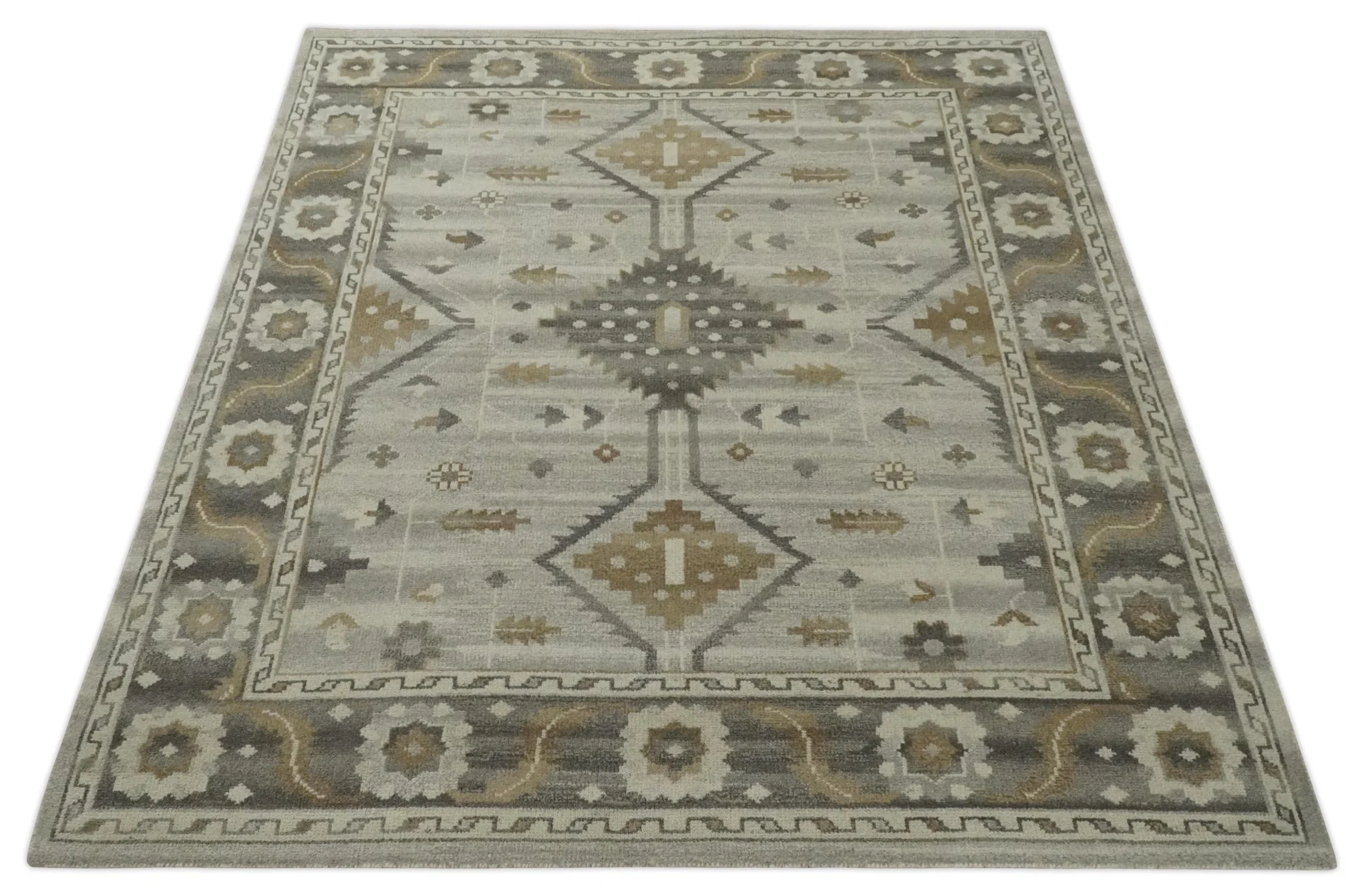 Hand Knotted Ivory, Charcoal and Beige Traditional Floral Multi Size Wool Area Rug - Image 10