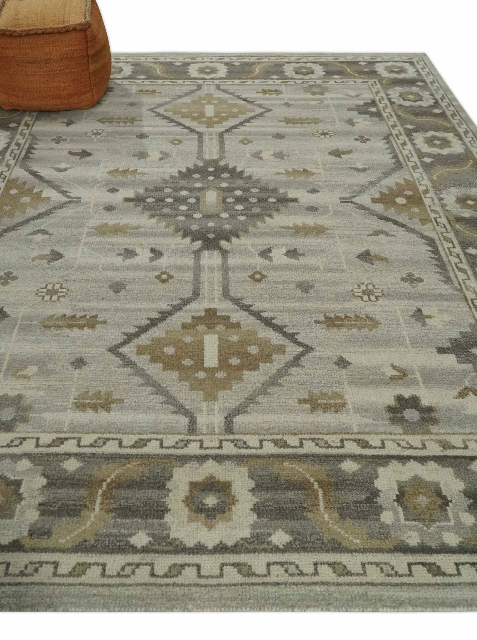 Hand Knotted Ivory, Charcoal and Beige Traditional Floral Multi Size Wool Area Rug - Image 3