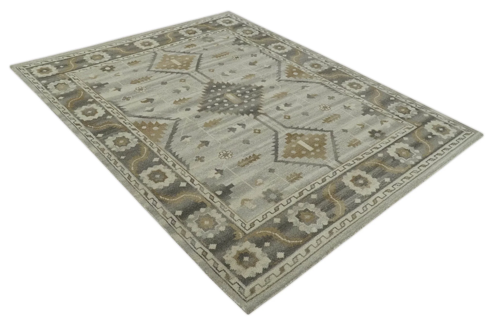 Hand Knotted Ivory, Charcoal and Beige Traditional Floral Multi Size Wool Area Rug - Image 9