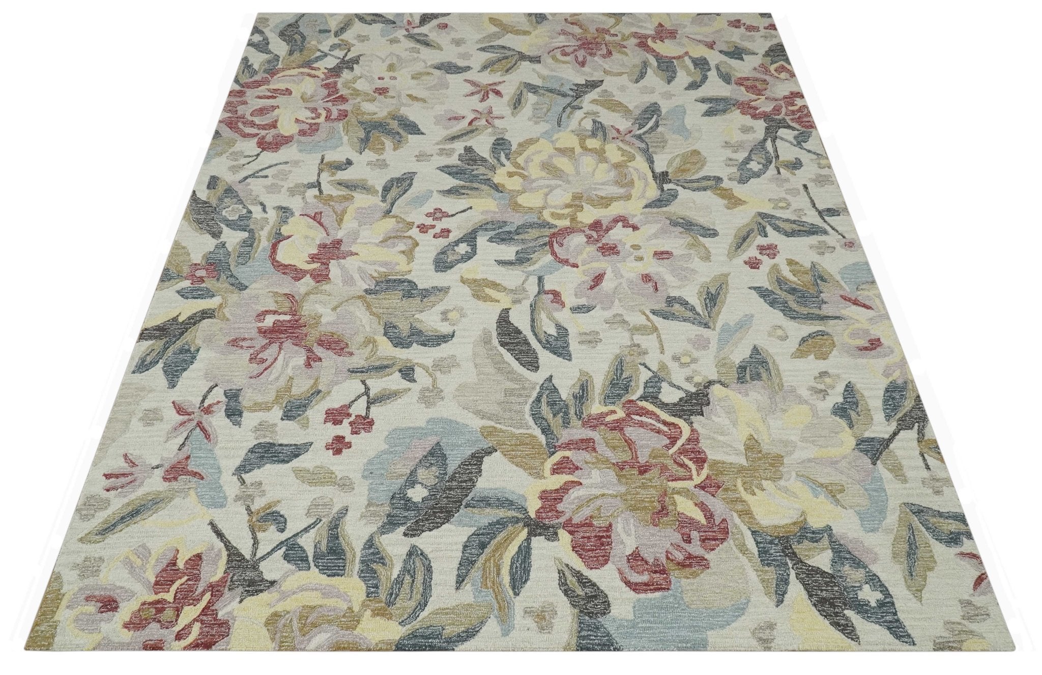 Custom Made Ivory, Charcoal and Olive Floral Design Colorful Hand Tufted wool rug - Image 5