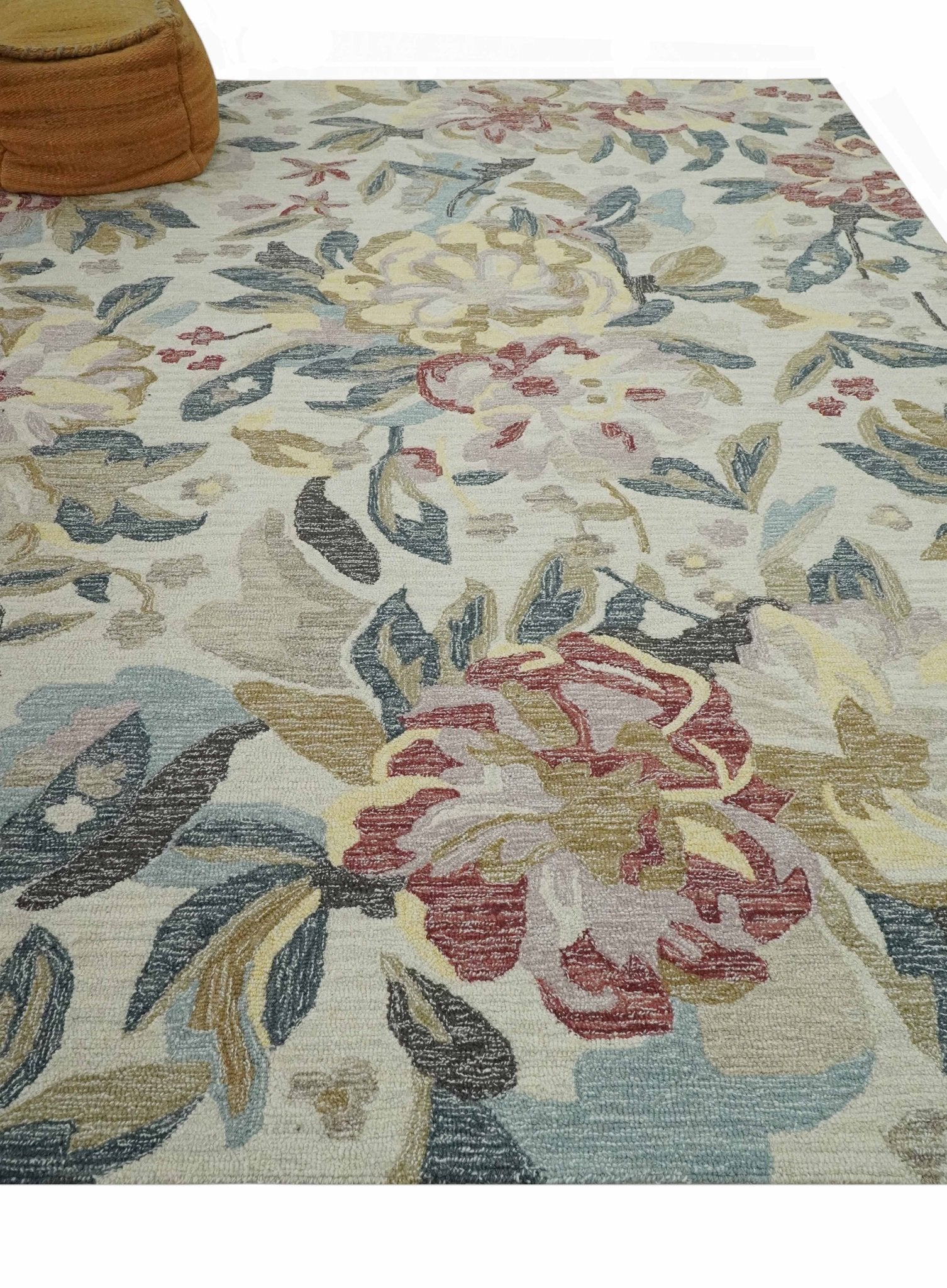 Ivory, Charcoal and Olive Floral Design 8x10 Colorful Hand Tufted wool rug - Image 10