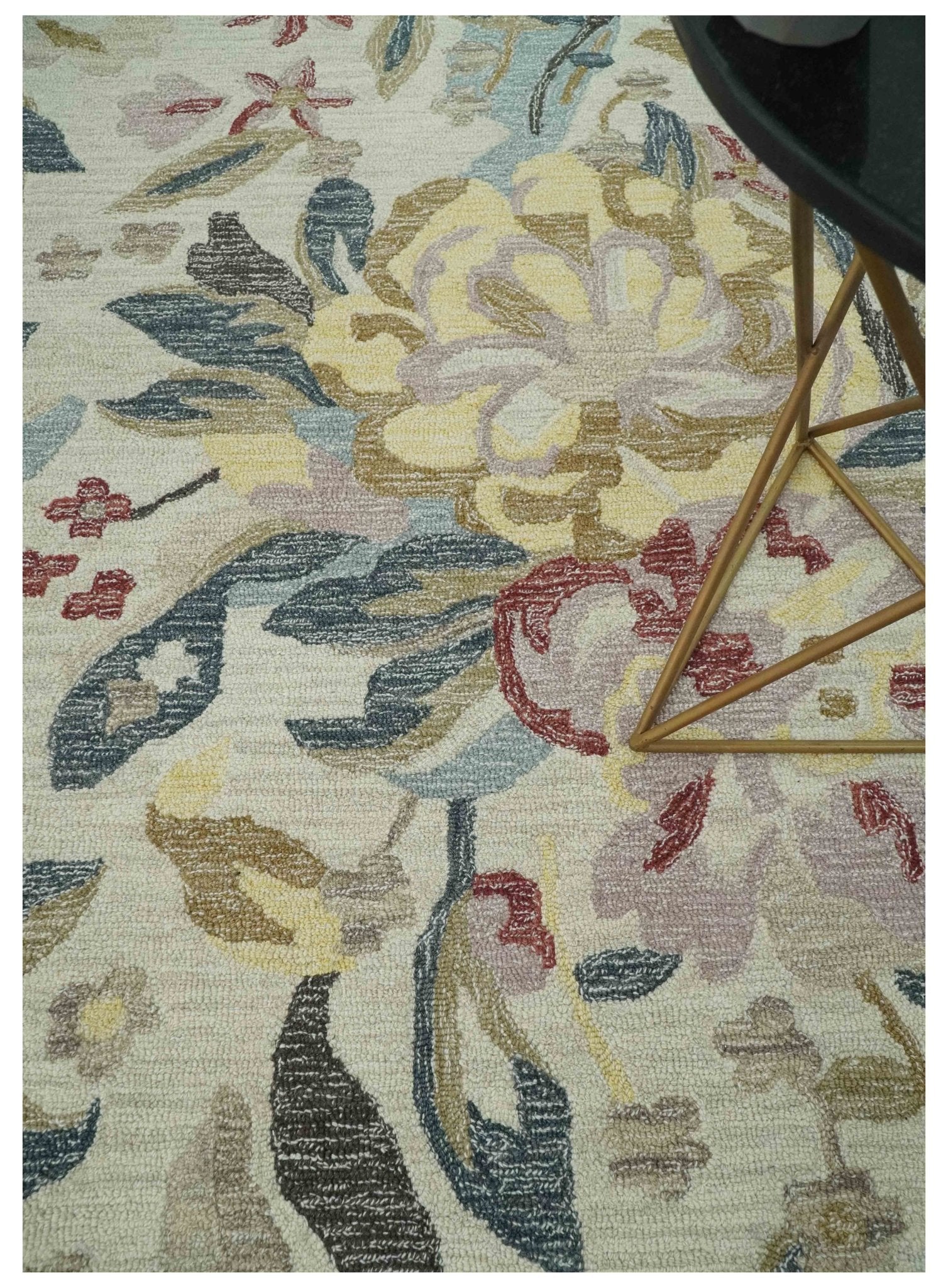 Ivory, Charcoal and Olive Floral Design 8x10 Colorful Hand Tufted wool rug - Image 2