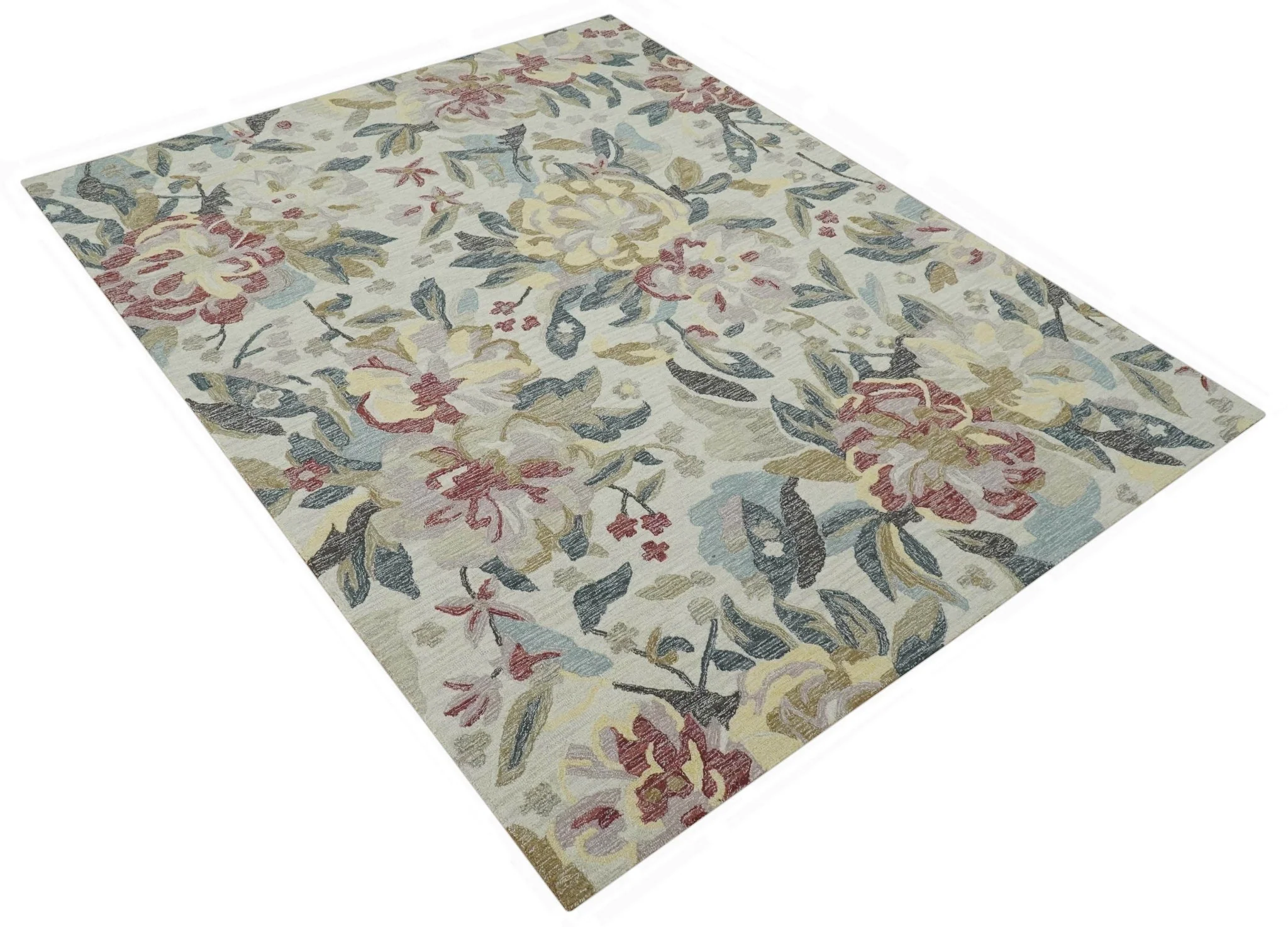Ivory, Charcoal and Olive Floral Design 8x10 Colorful Hand Tufted wool rug - Image 3