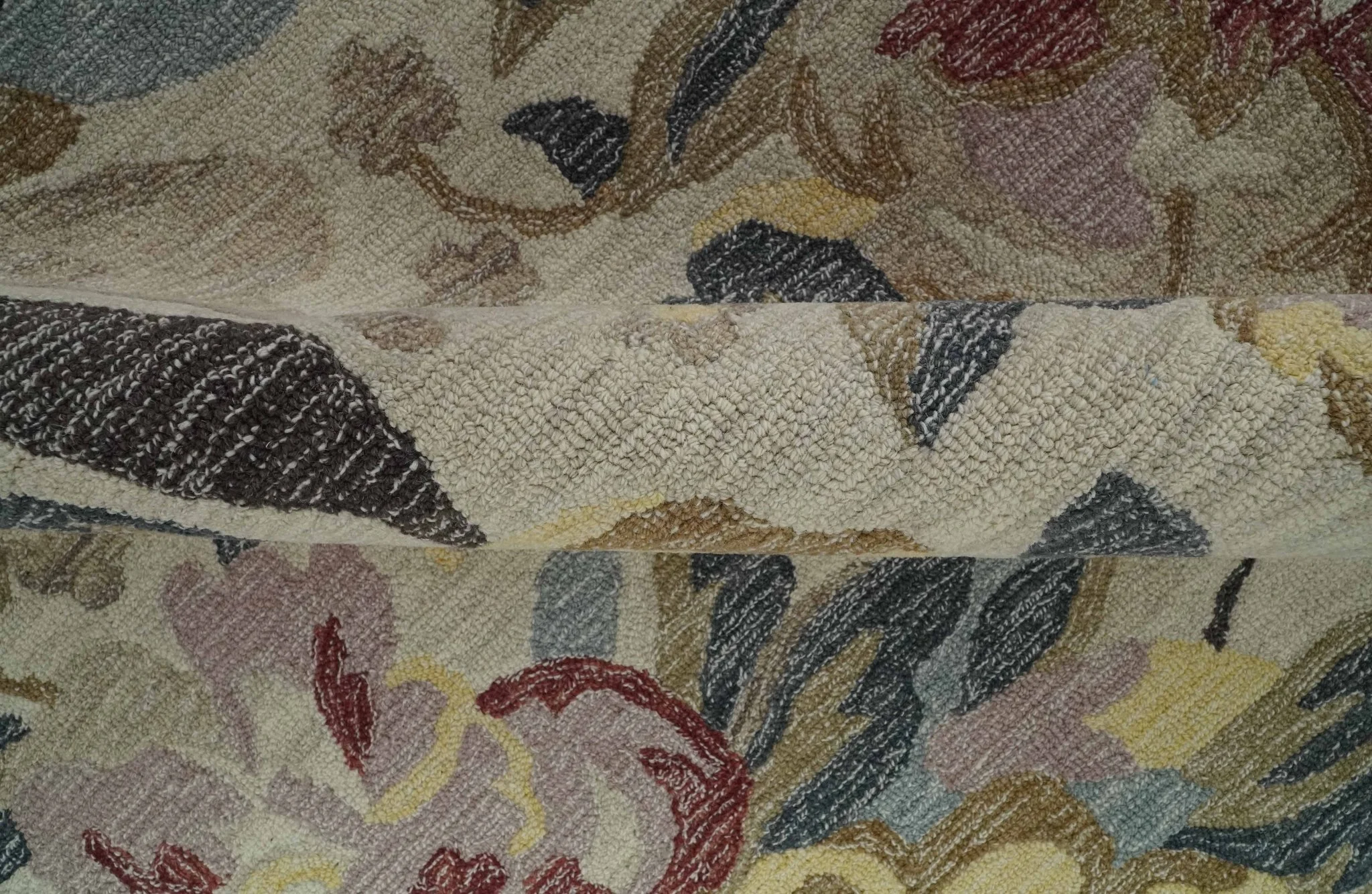 Ivory, Charcoal and Olive Floral Design 8x10 Colorful Hand Tufted wool rug - Image 6