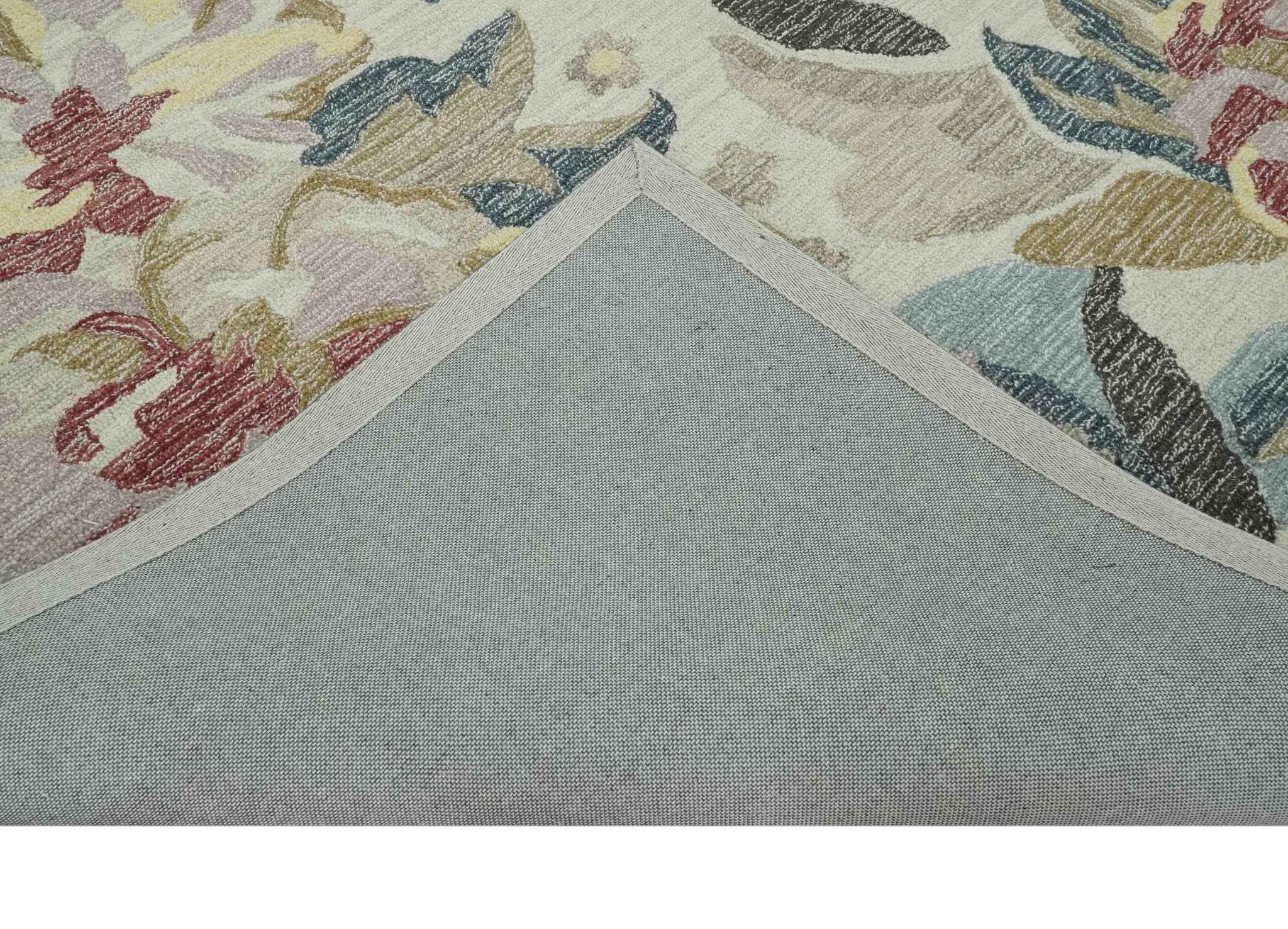Ivory, Charcoal and Olive Floral Design 8x10 Colorful Hand Tufted wool rug - Image 7
