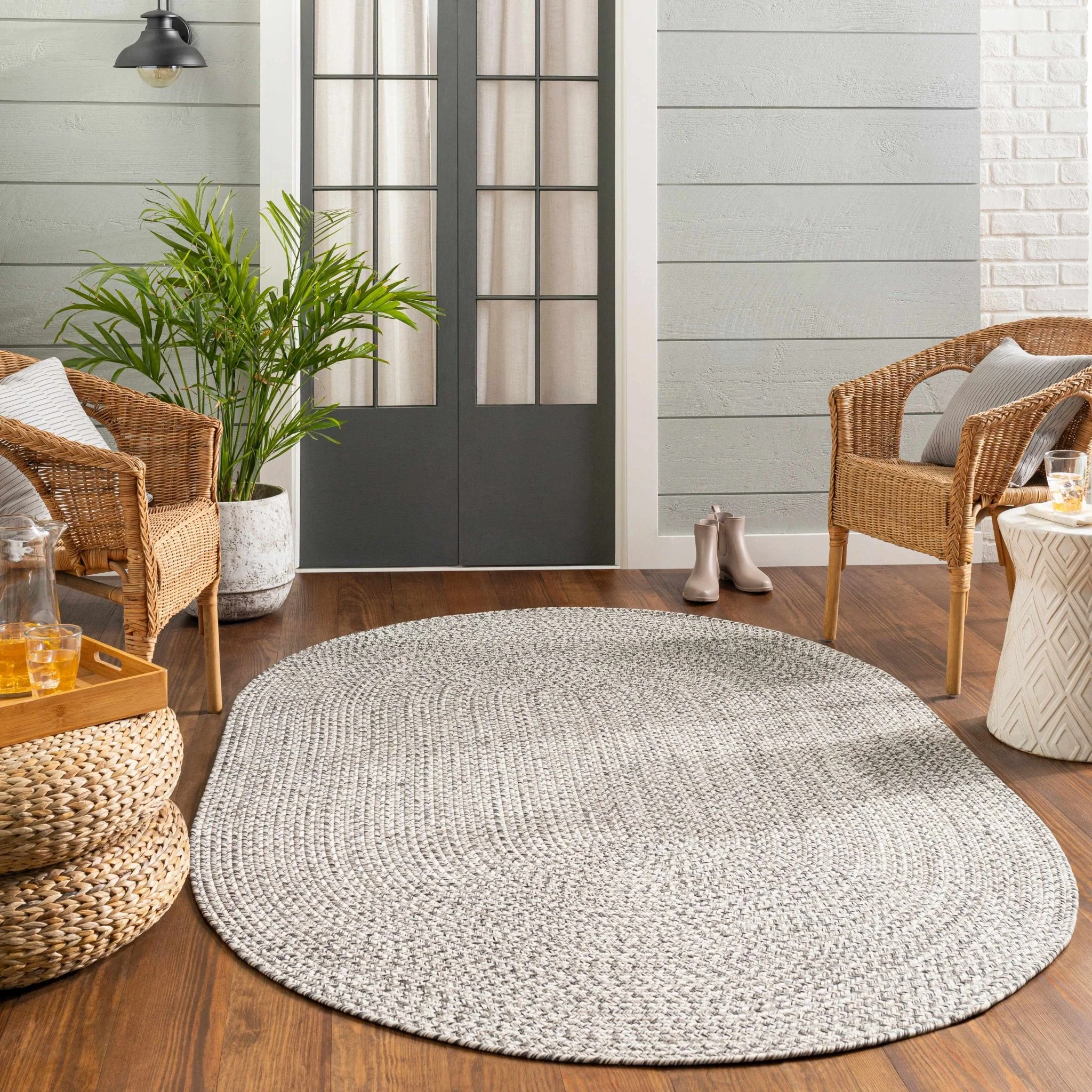 Ivory, Charcoal and Taupe Chevron Design Braided Faux Outdoor safe area Rug - Image 13