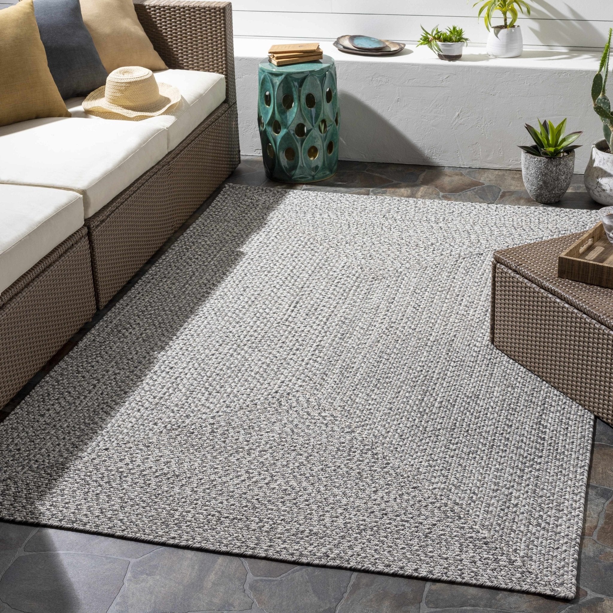Ivory, Charcoal and Taupe Chevron Design Braided Faux Outdoor safe area Rug - Image 2
