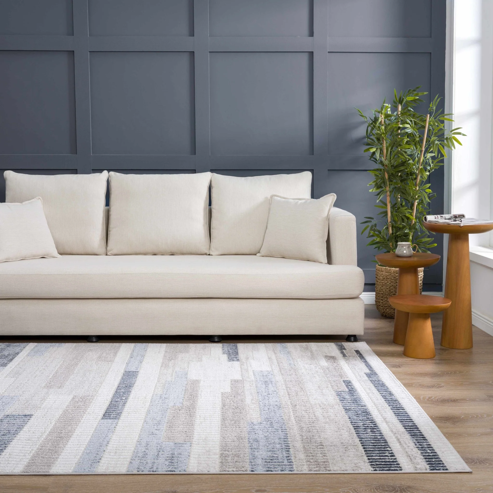 Ivory, Charcoal, Blue and Tan Modern Geometrical Stripes Design Area Rug - Image 14