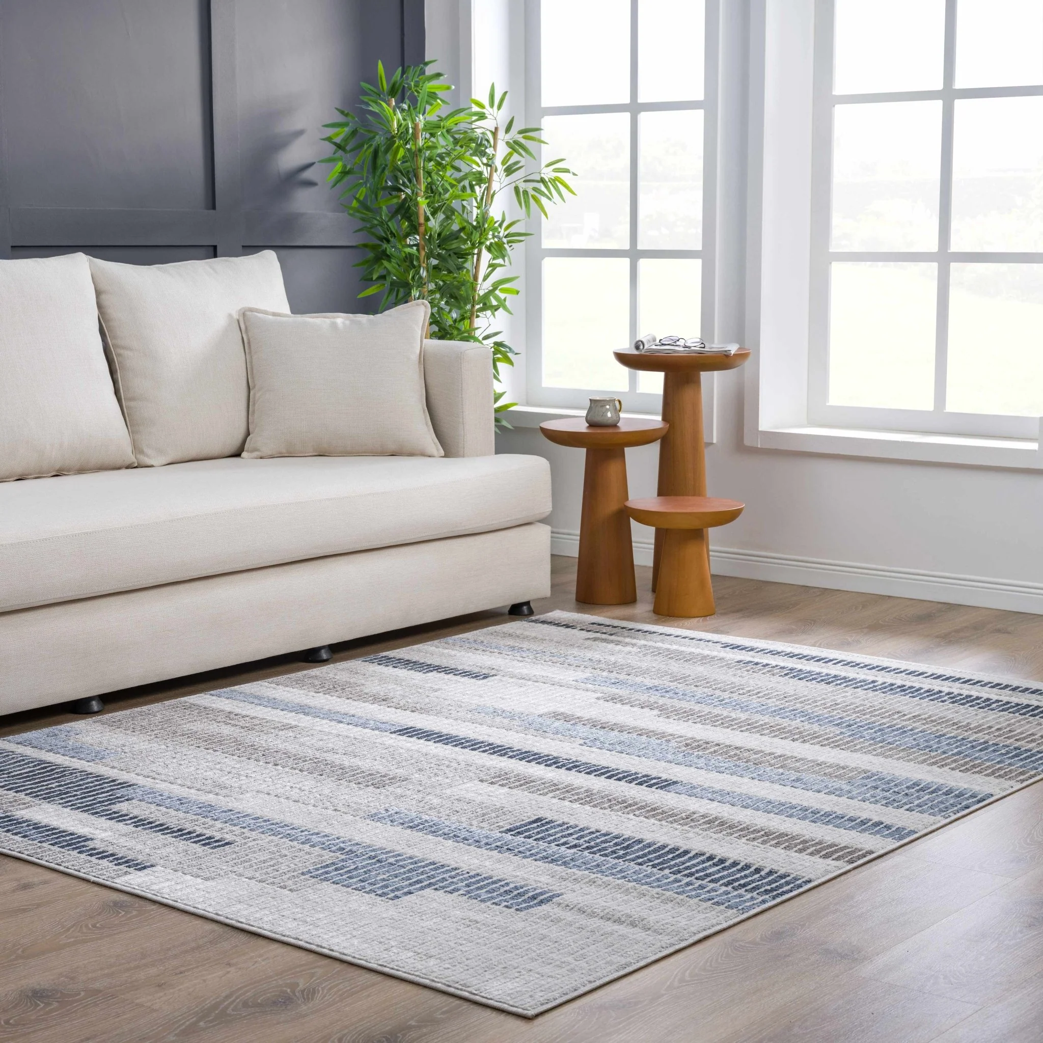 Ivory, Charcoal, Blue and Tan Modern Geometrical Stripes Design Area Rug - Image 15