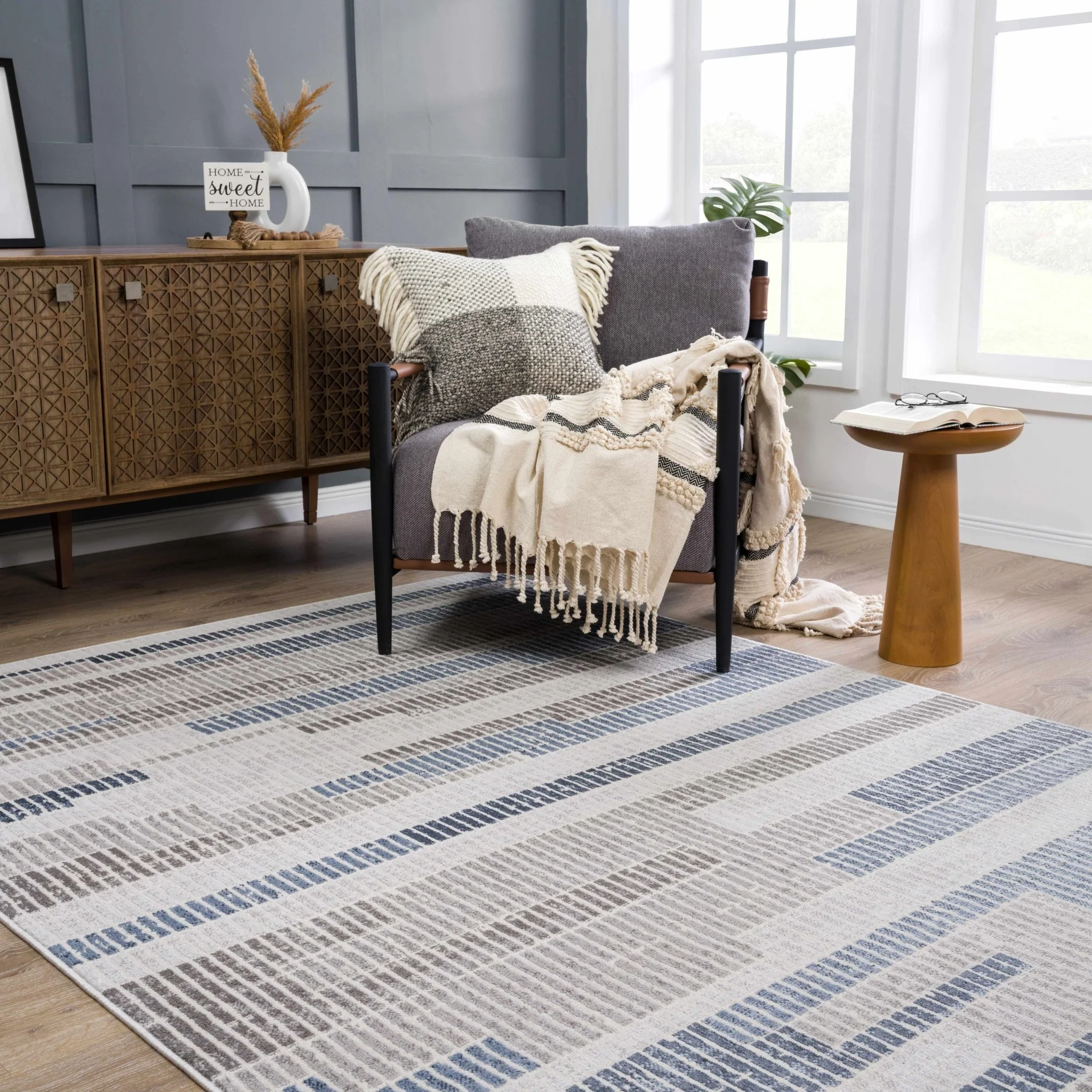 Ivory, Charcoal, Blue and Tan Modern Geometrical Stripes Design Area Rug - Image 16