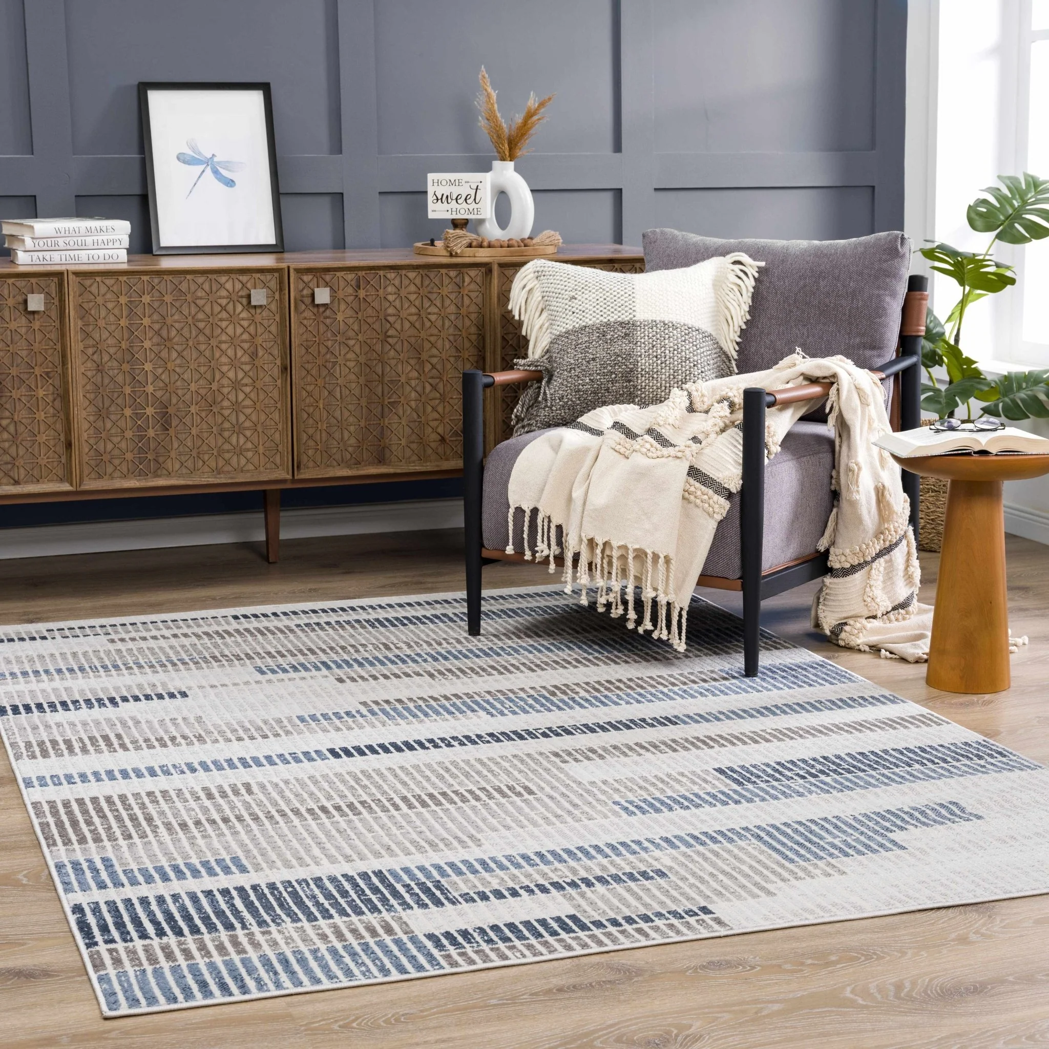 Ivory, Charcoal, Blue and Tan Modern Geometrical Stripes Design Area Rug - Image 2