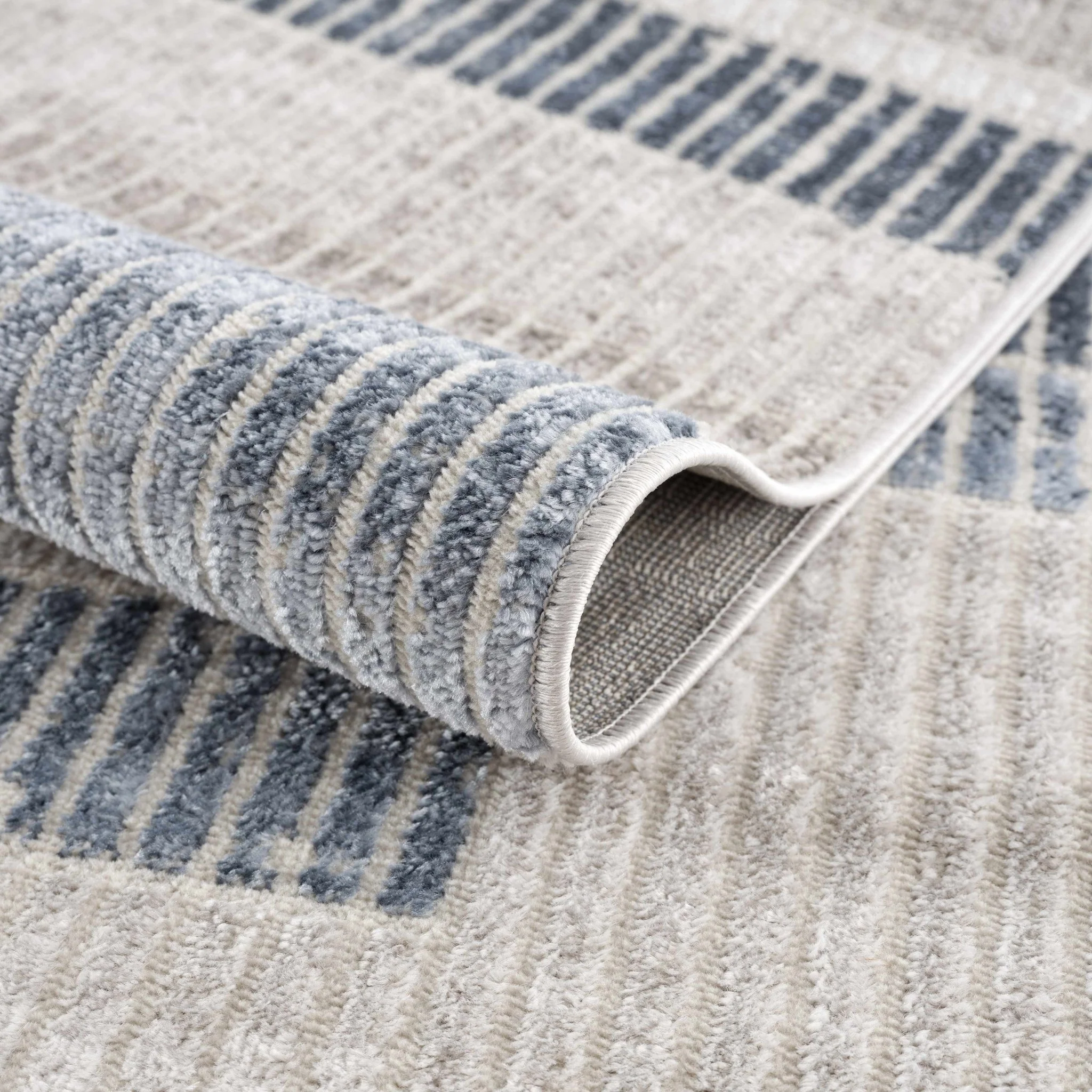 Ivory, Charcoal, Blue and Tan Modern Geometrical Stripes Design Area Rug - Image 4
