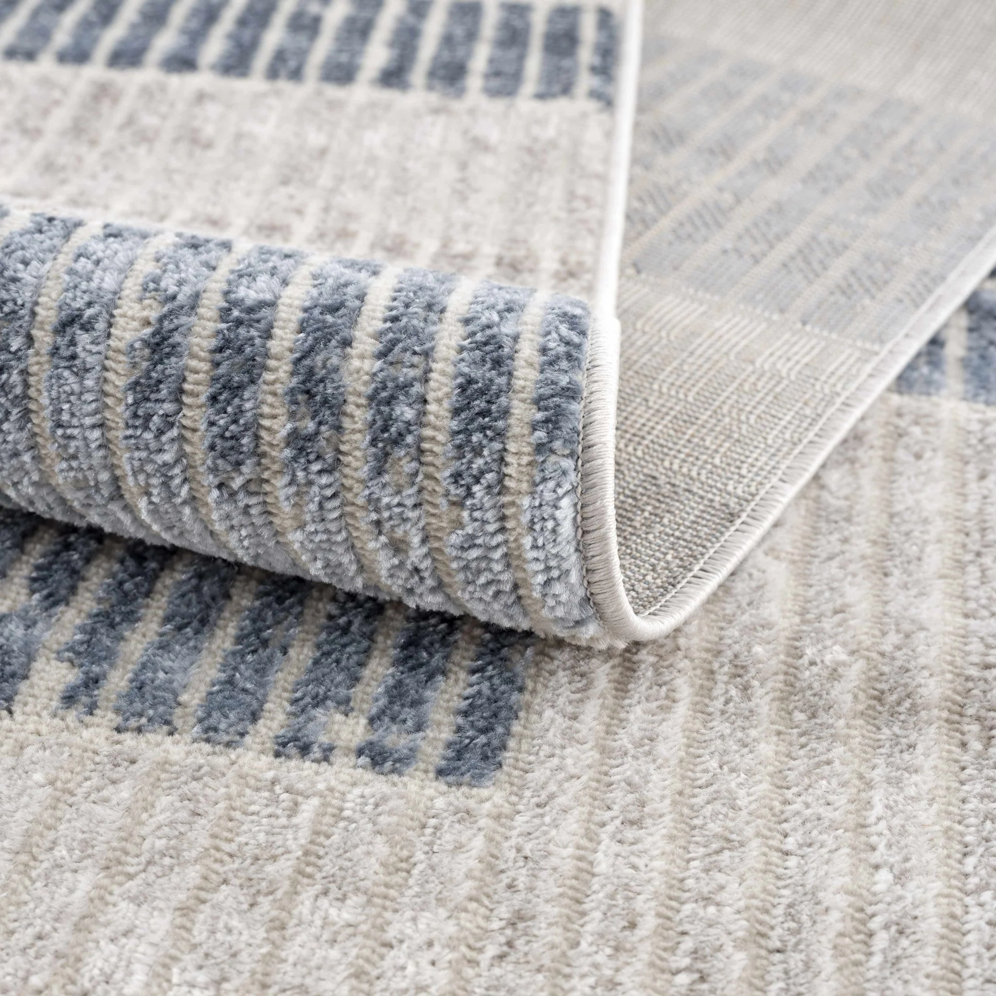 Ivory, Charcoal, Blue and Tan Modern Geometrical Stripes Design Area Rug - Image 5