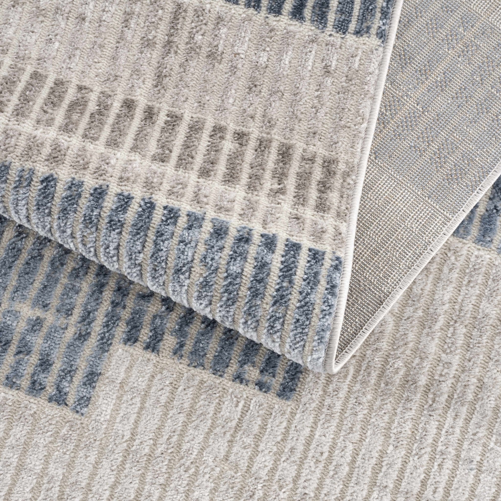 Ivory, Charcoal, Blue and Tan Modern Geometrical Stripes Design Area Rug - Image 6