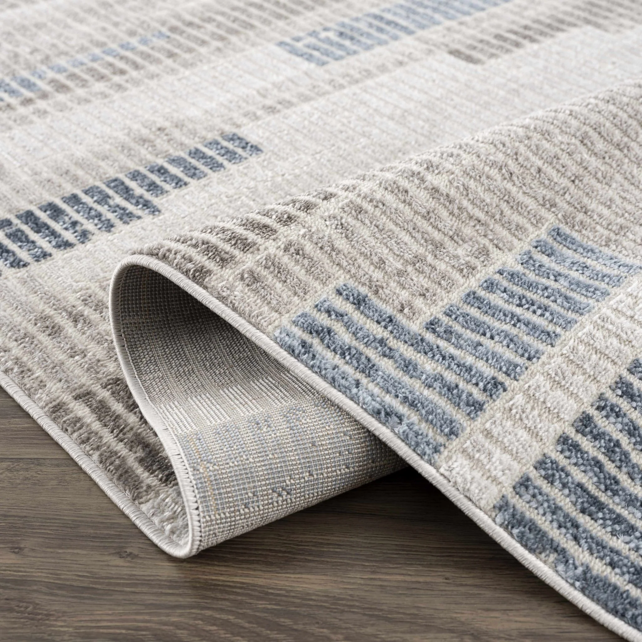 Ivory, Charcoal, Blue and Tan Modern Geometrical Stripes Design Area Rug - Image 7