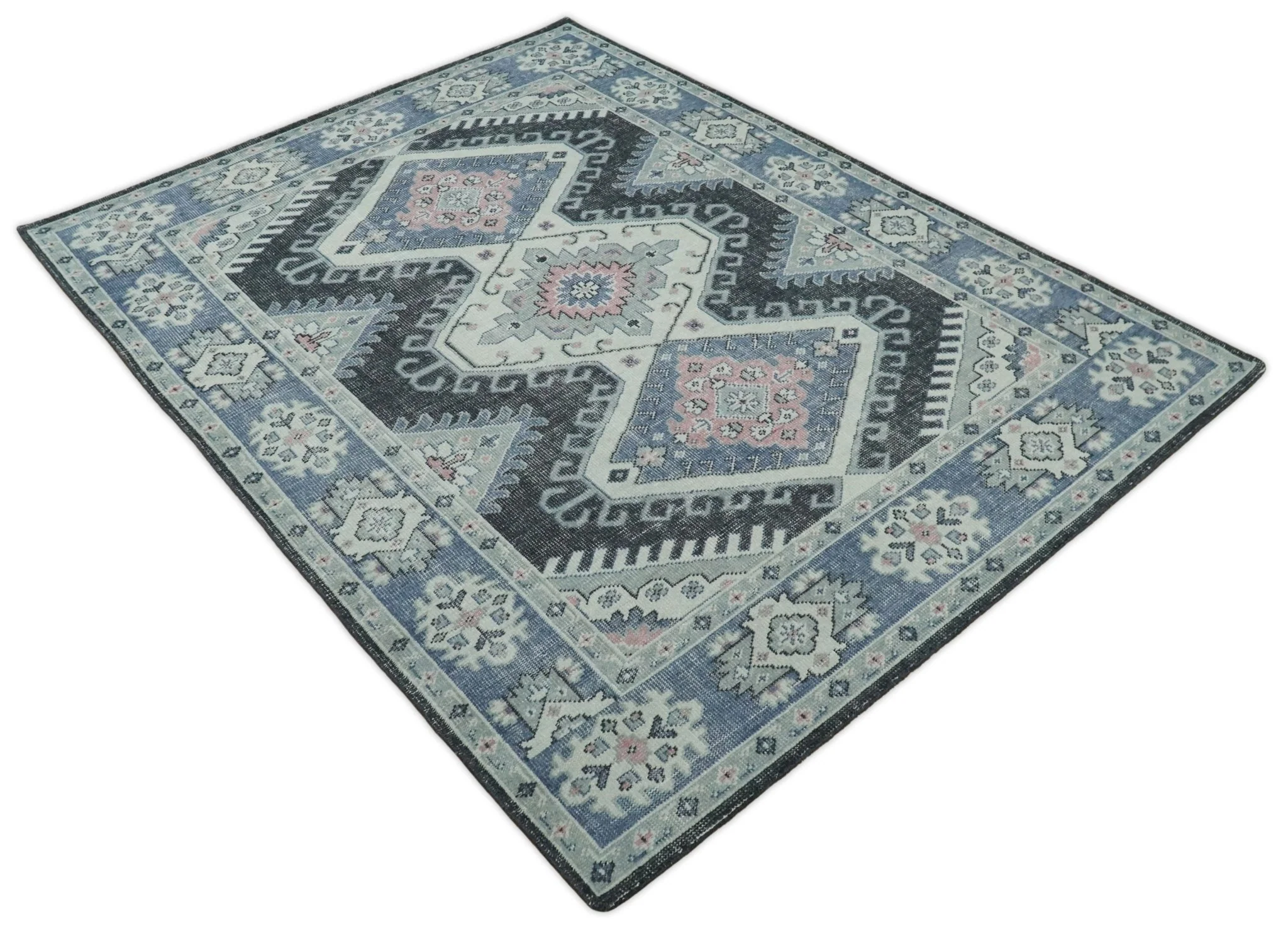 Custom Made Ivory, Charcoal, Silver and Blue Traditional Hand knotted wool Area Rug - Image 10