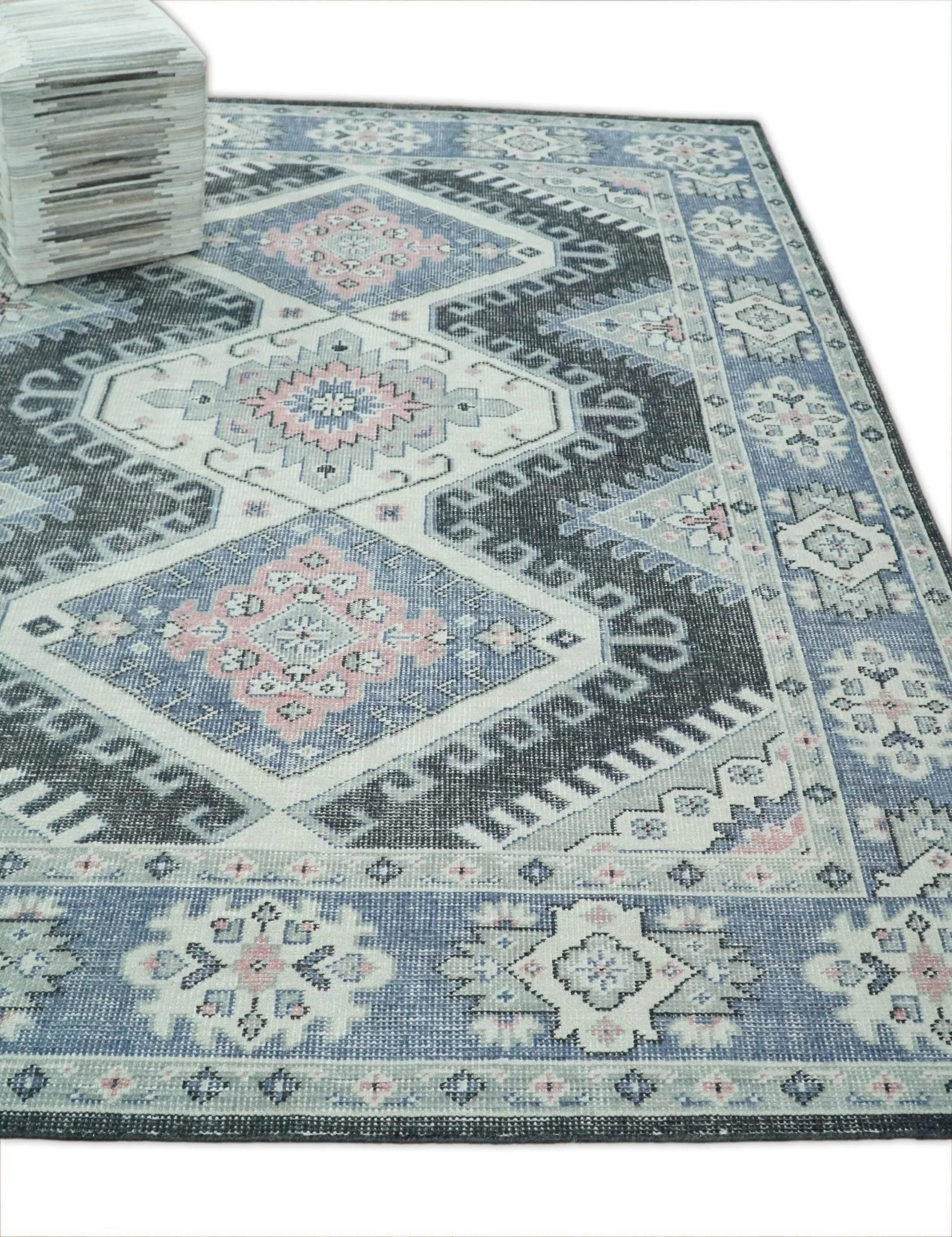 Custom Made Ivory, Charcoal, Silver and Blue Traditional Hand knotted wool Area Rug - Image 3