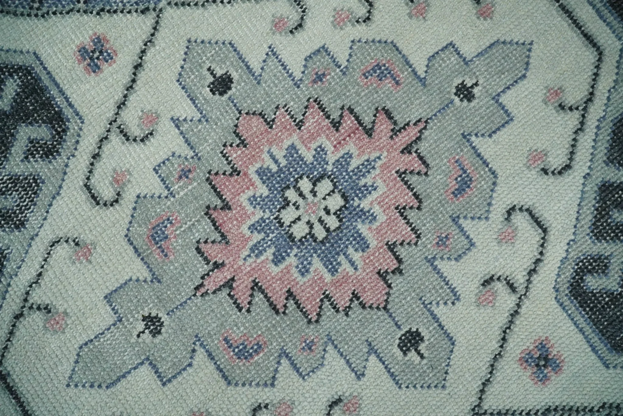 Custom Made Ivory, Charcoal, Silver and Blue Traditional Hand knotted wool Area Rug - Image 4
