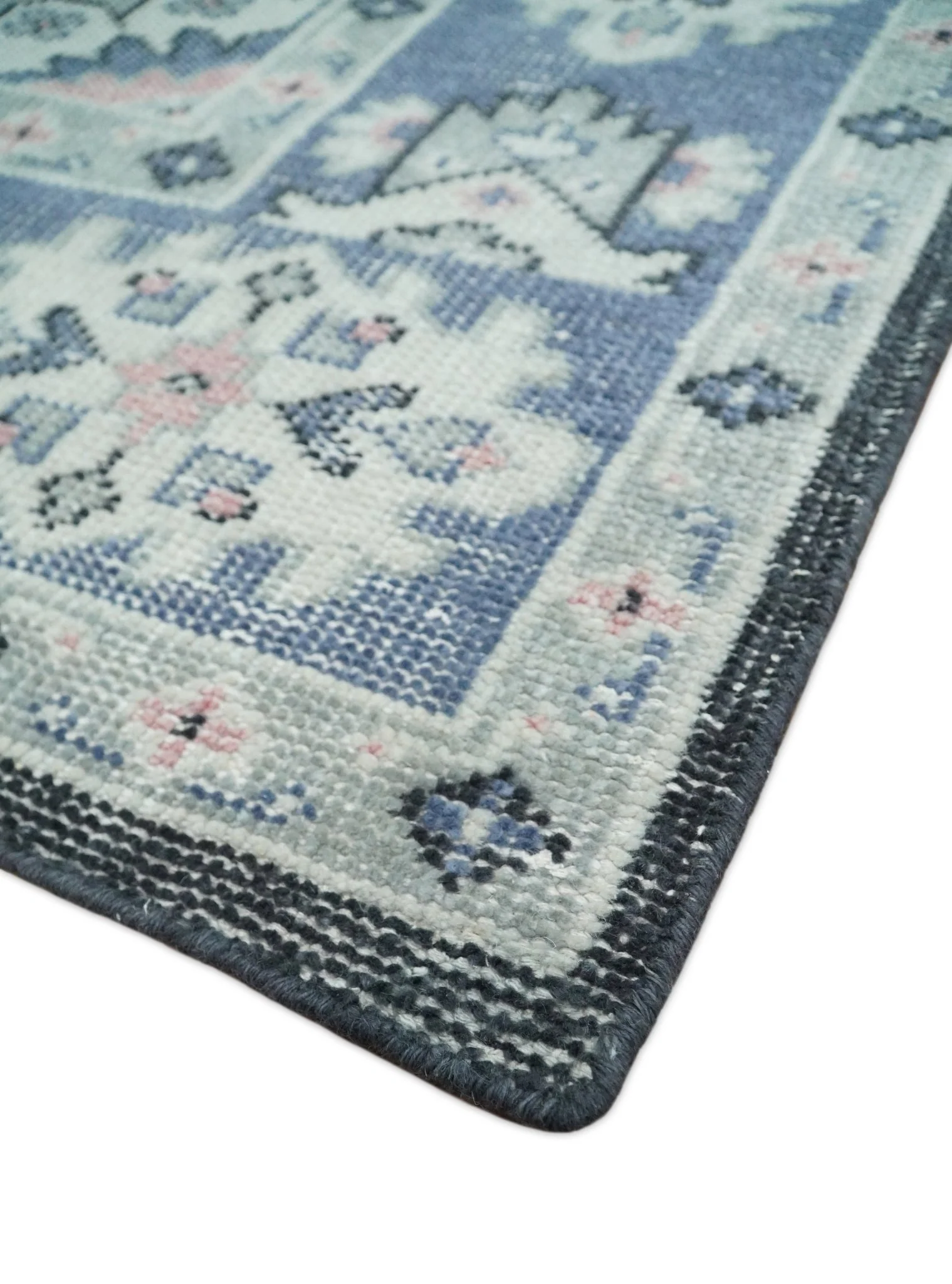 Custom Made Ivory, Charcoal, Silver and Blue Traditional Hand knotted wool Area Rug - Image 5