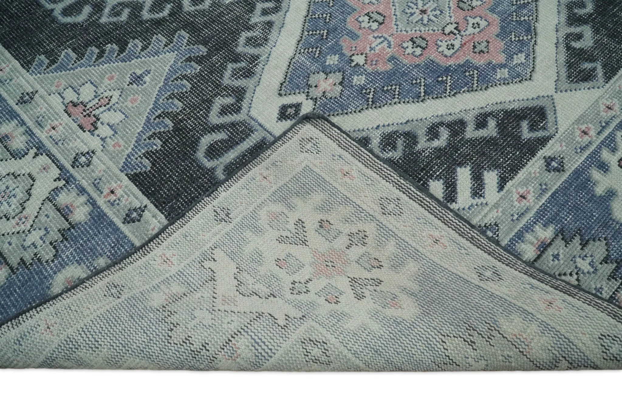 Custom Made Ivory, Charcoal, Silver and Blue Traditional Hand knotted wool Area Rug - Image 6
