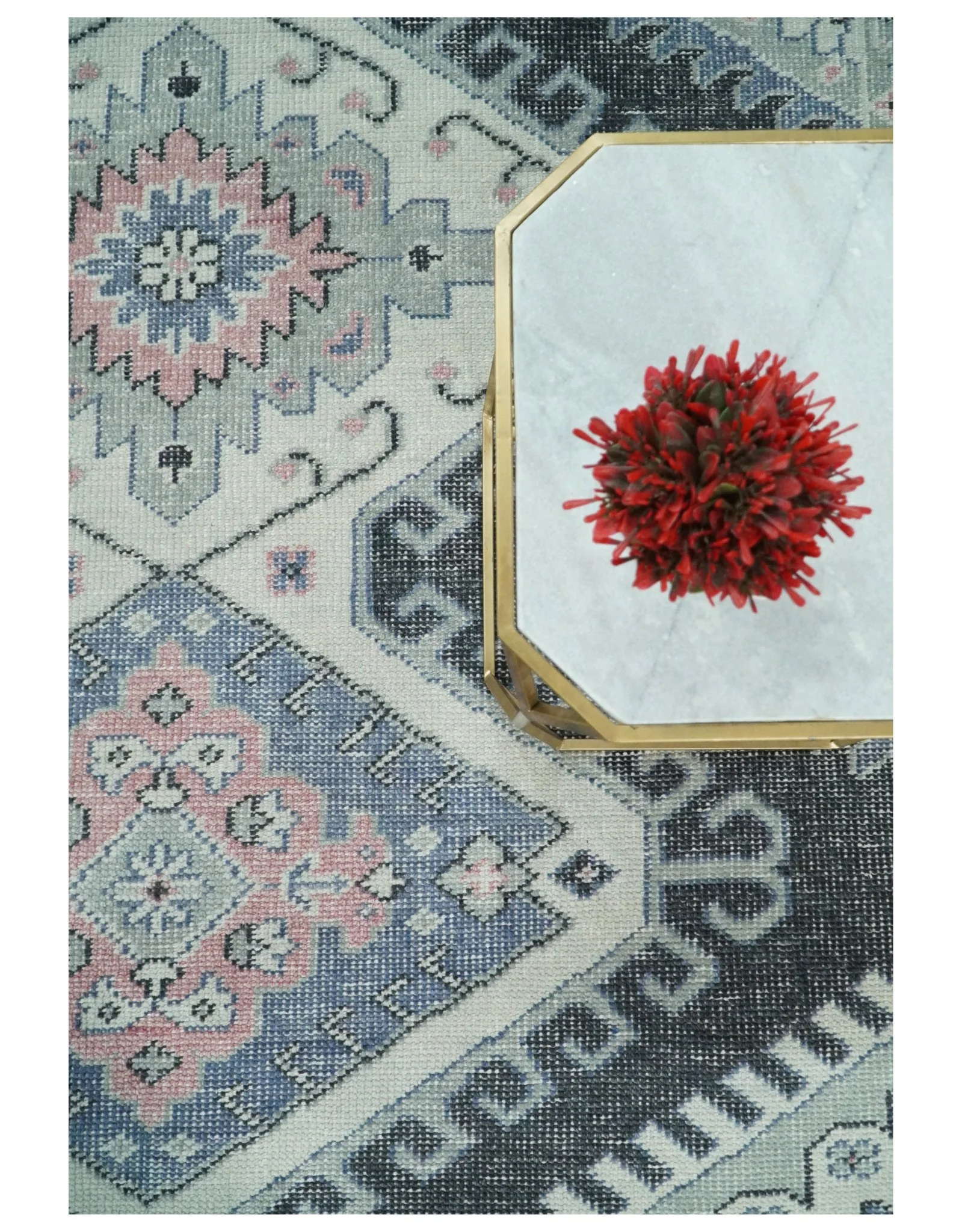 Custom Made Ivory, Charcoal, Silver and Blue Traditional Hand knotted wool Area Rug - Image 7