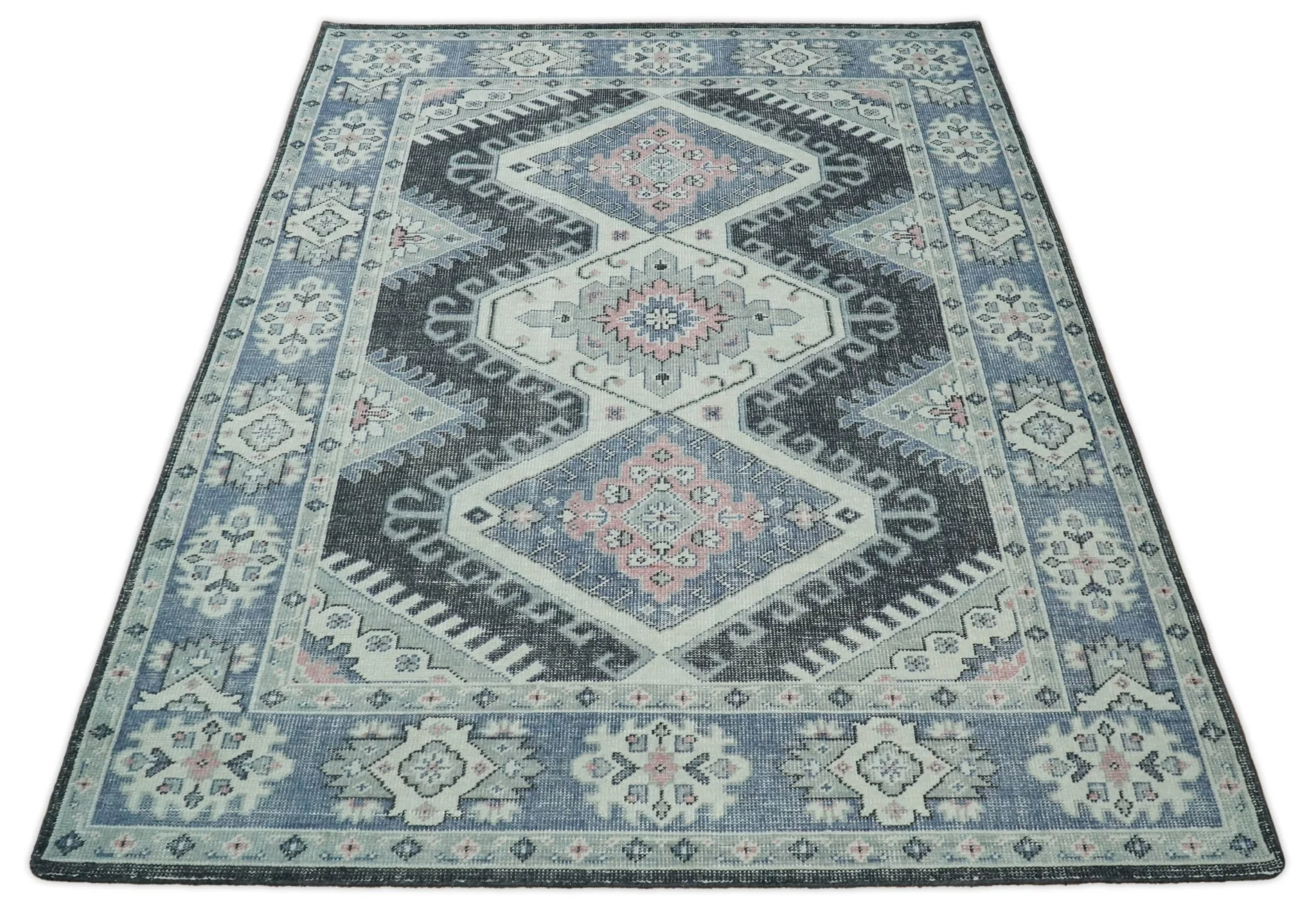 Custom Made Ivory, Charcoal, Silver and Blue Traditional Hand knotted wool Area Rug - Image 9