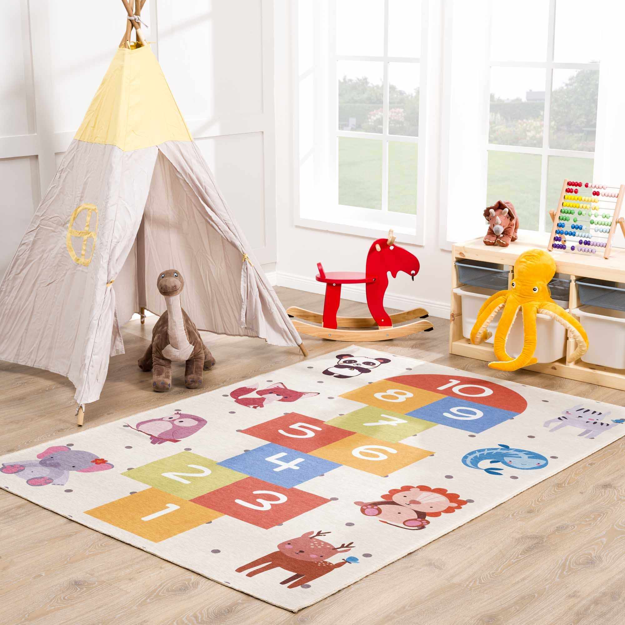 Ivory, Gold, Brown and Blue Number Printed Washable Kids Rug - Image 2