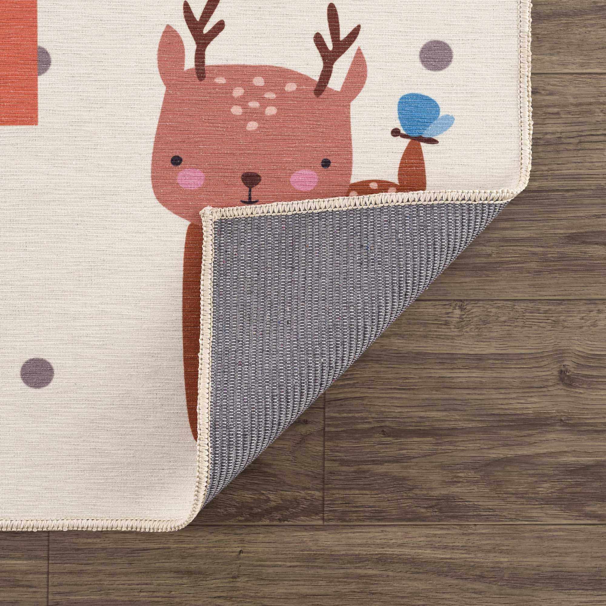 Ivory, Gold, Brown and Blue Number Printed Washable Kids Rug - Image 3
