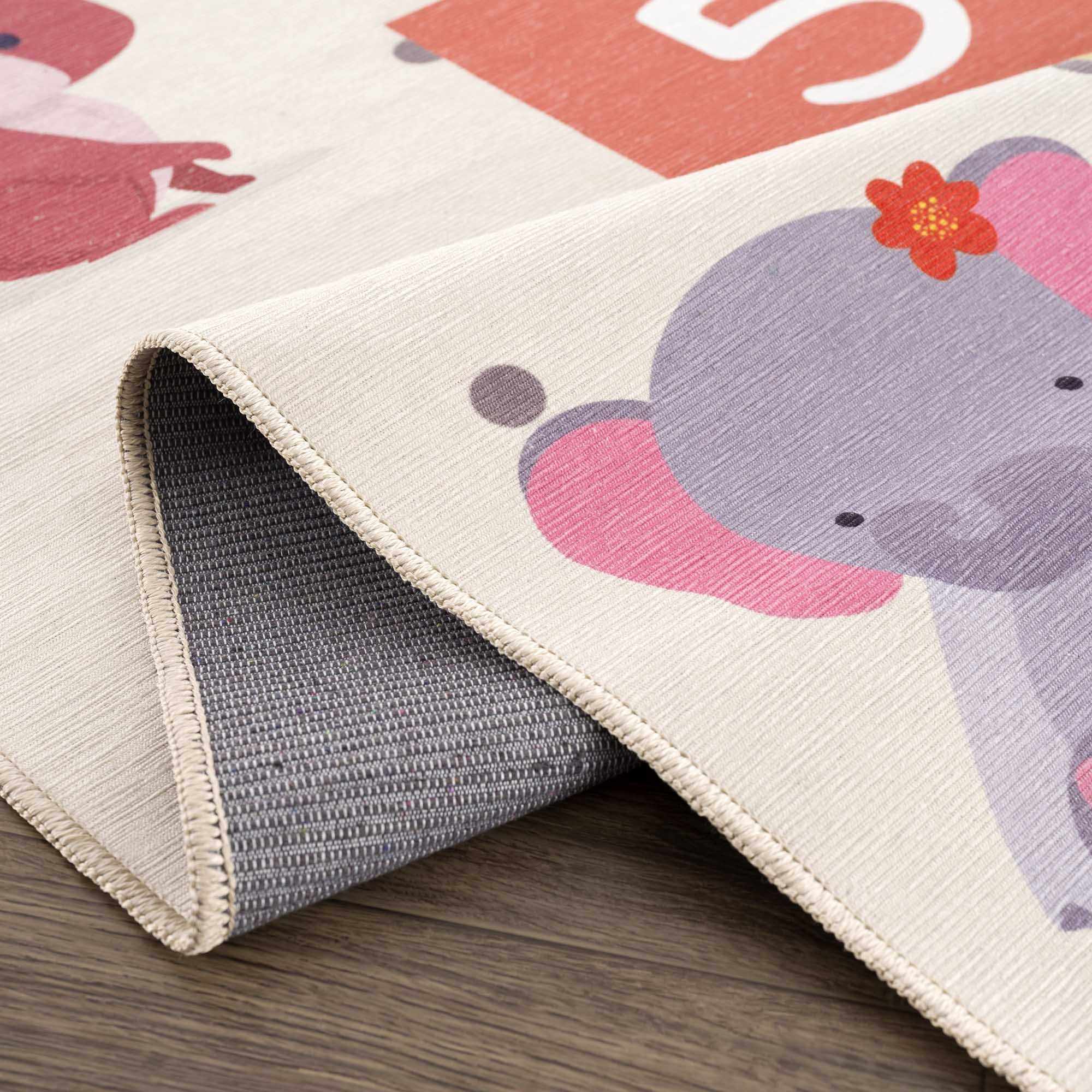 Ivory, Gold, Brown and Blue Number Printed Washable Kids Rug - Image 4