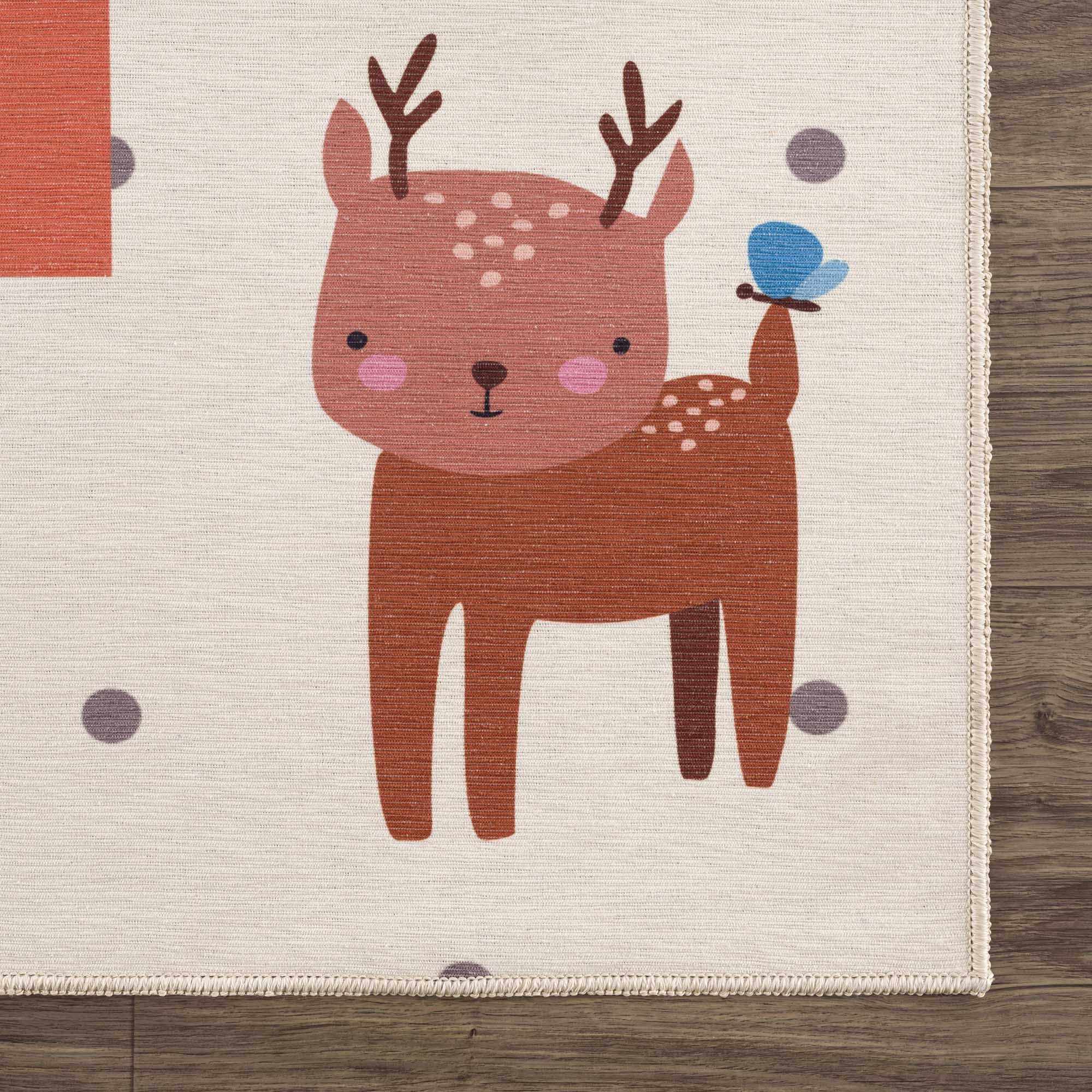 Ivory, Gold, Brown and Blue Number Printed Washable Kids Rug - Image 5