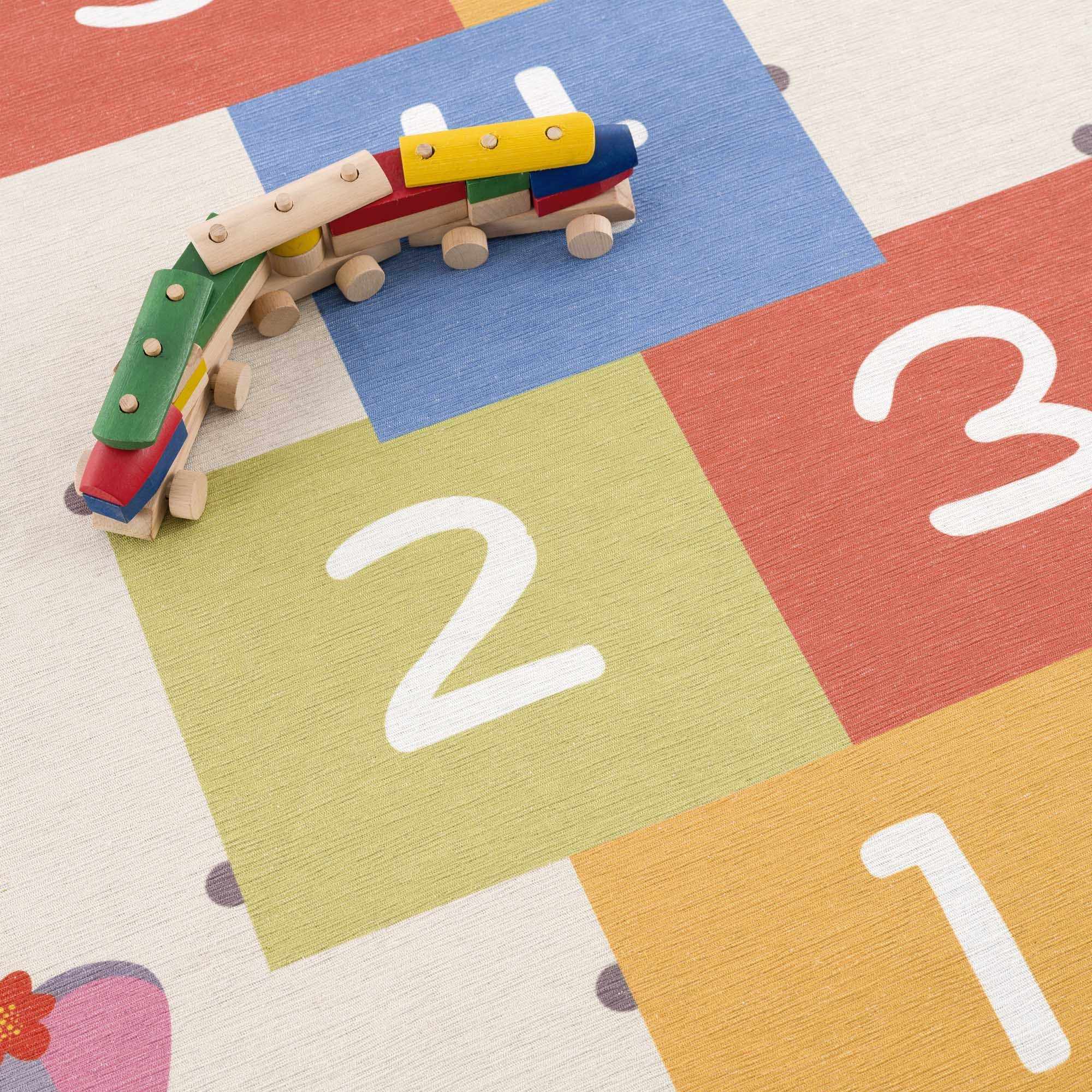 Ivory, Gold, Brown and Blue Number Printed Washable Kids Rug - Image 8