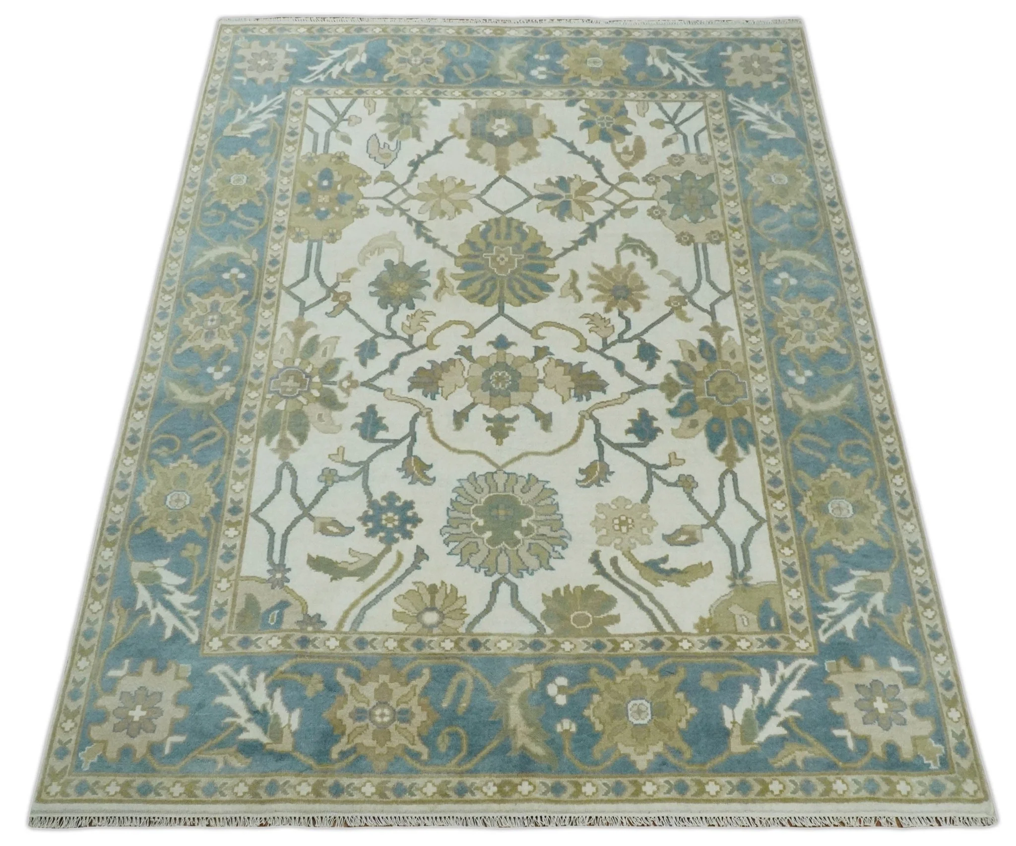 Custom Made Ivory, Gray and Beige Floral Hand Knotted Traditional Oushak Wool Rug - Image 10