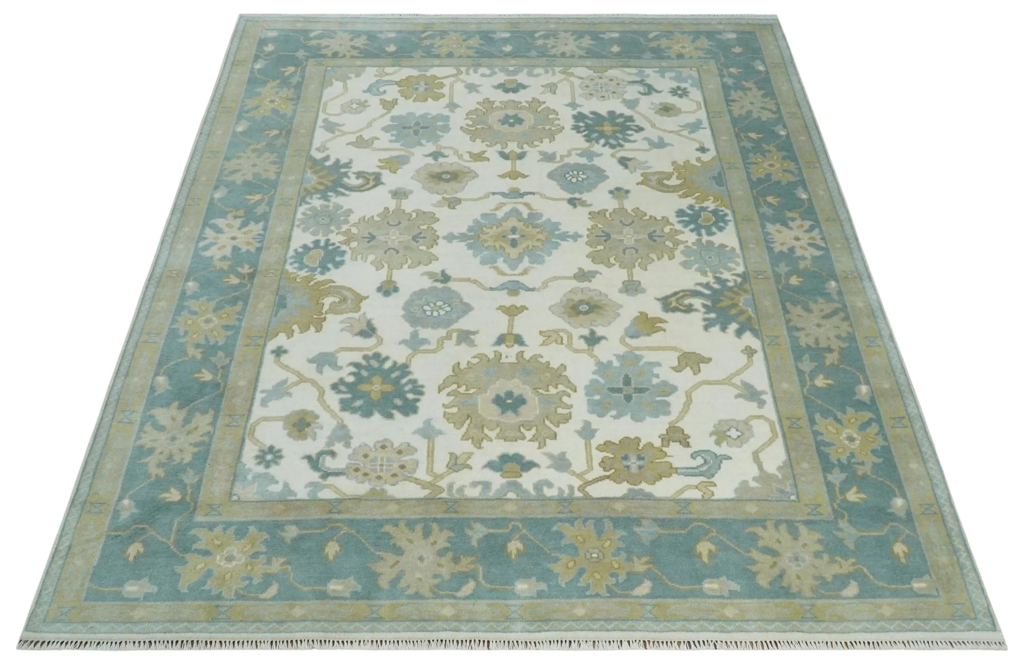 Ivory, Blue and Beige Floral Oushak Hand Knotted Traditional Turkish Inspired Custom Made Wool Area Rug - Image 10