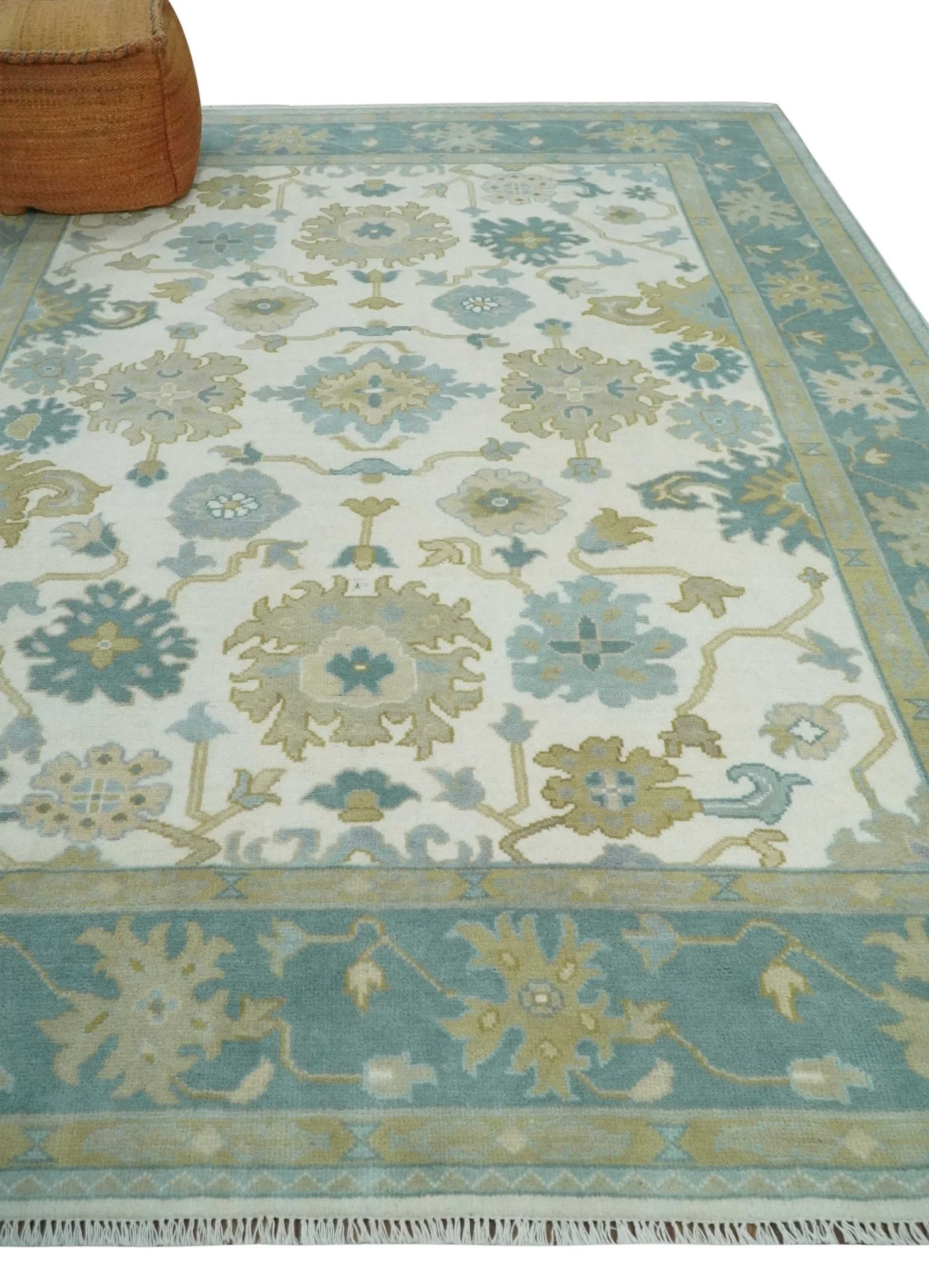 Ivory, Blue and Beige Floral Oushak Hand Knotted Traditional Turkish Inspired Custom Made Wool Area Rug - Image 3
