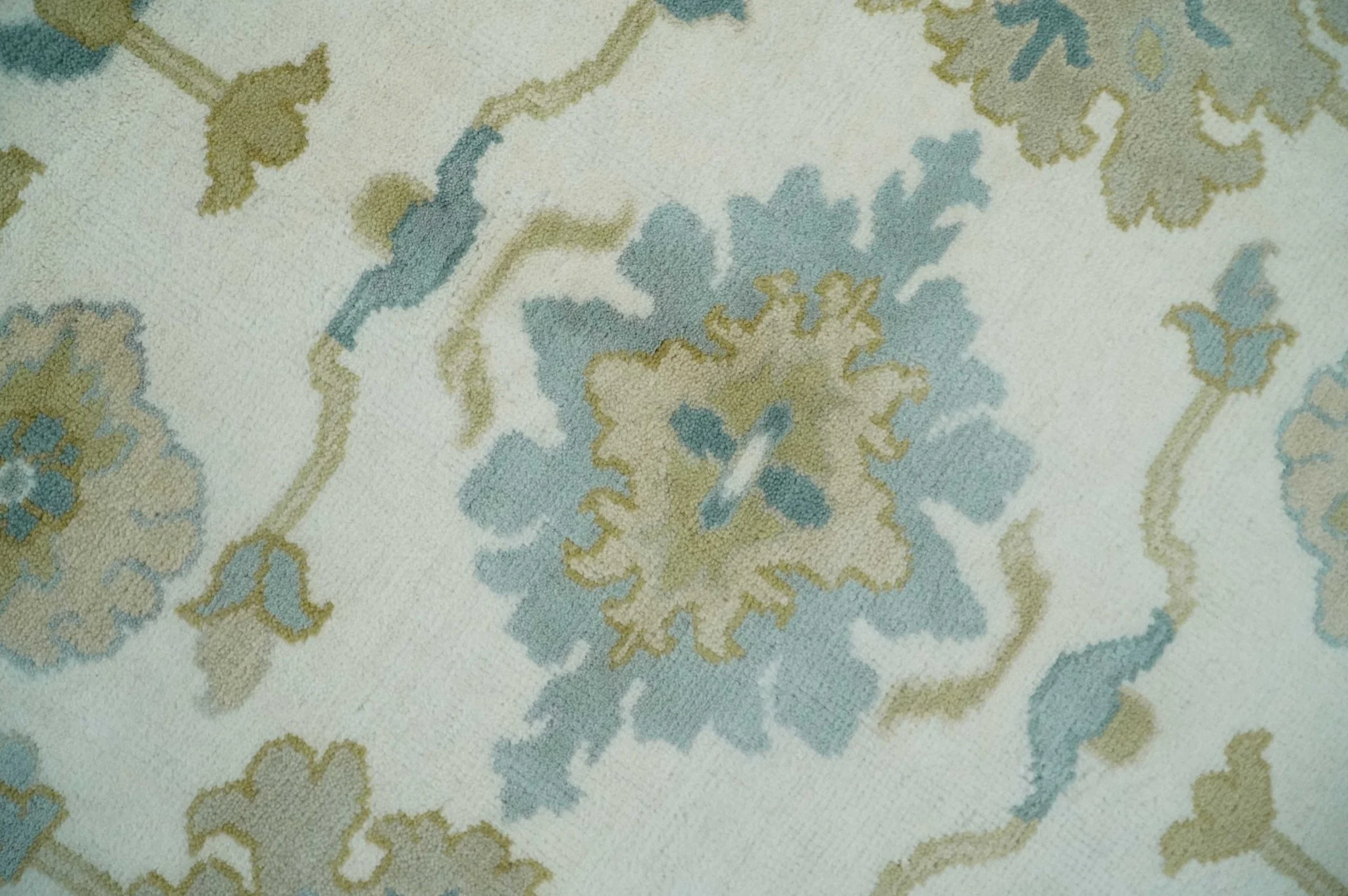 Ivory, Blue and Beige Floral Oushak Hand Knotted Traditional Turkish Inspired Custom Made Wool Area Rug - Image 4